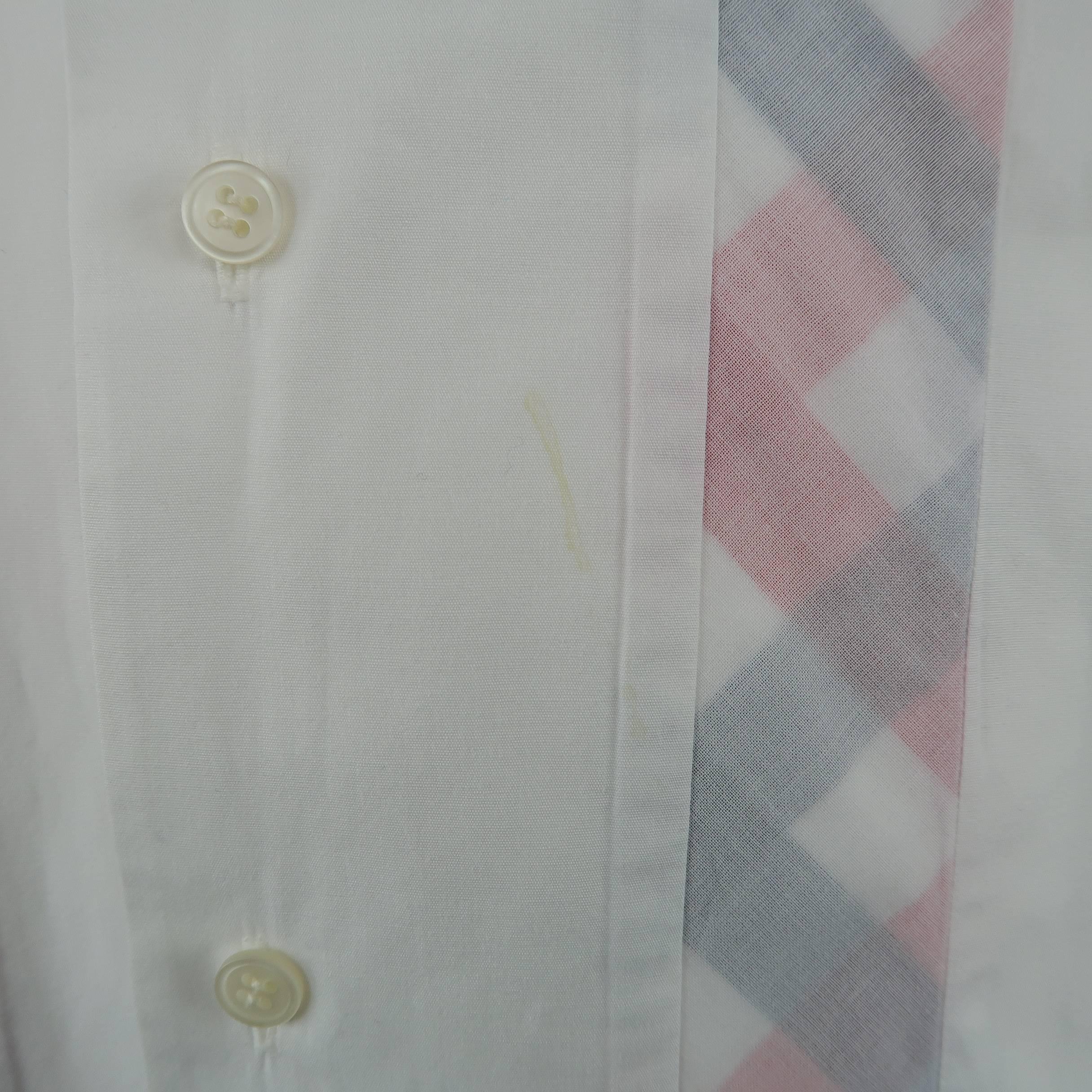 Gray Issey Miyake Men's White Cotton Plaid Stripe Short Sleeve Shirt