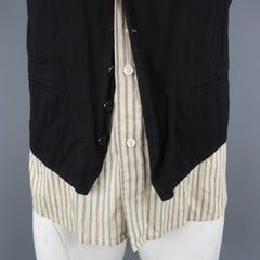 Ann Demeulemeester Men's Black and Beige Striped Shirt Layered Vest