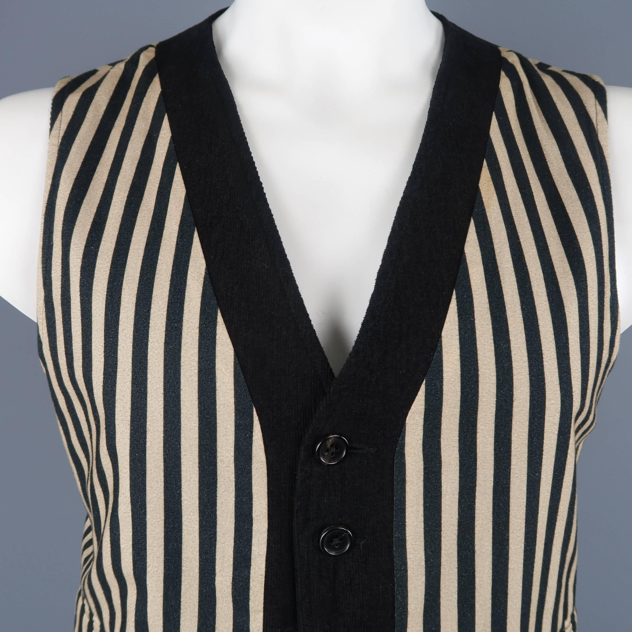 Ann Demeulemeester Men's Black Corduroy and Beige Striped Cotton Reversible Vest 4