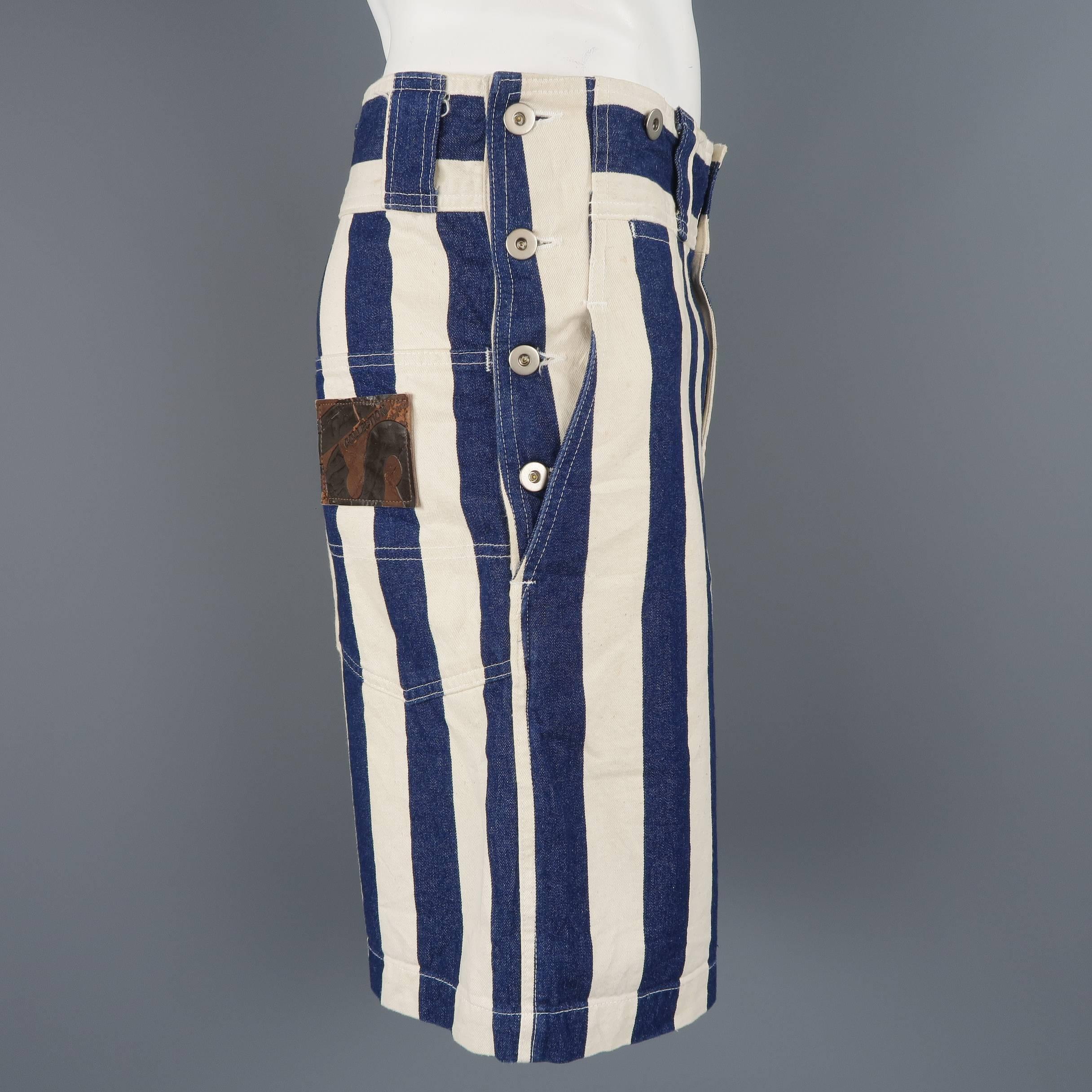 Issey Miyake Men's Beige and Navy Stripe Cotton Sailor Button Shorts 1