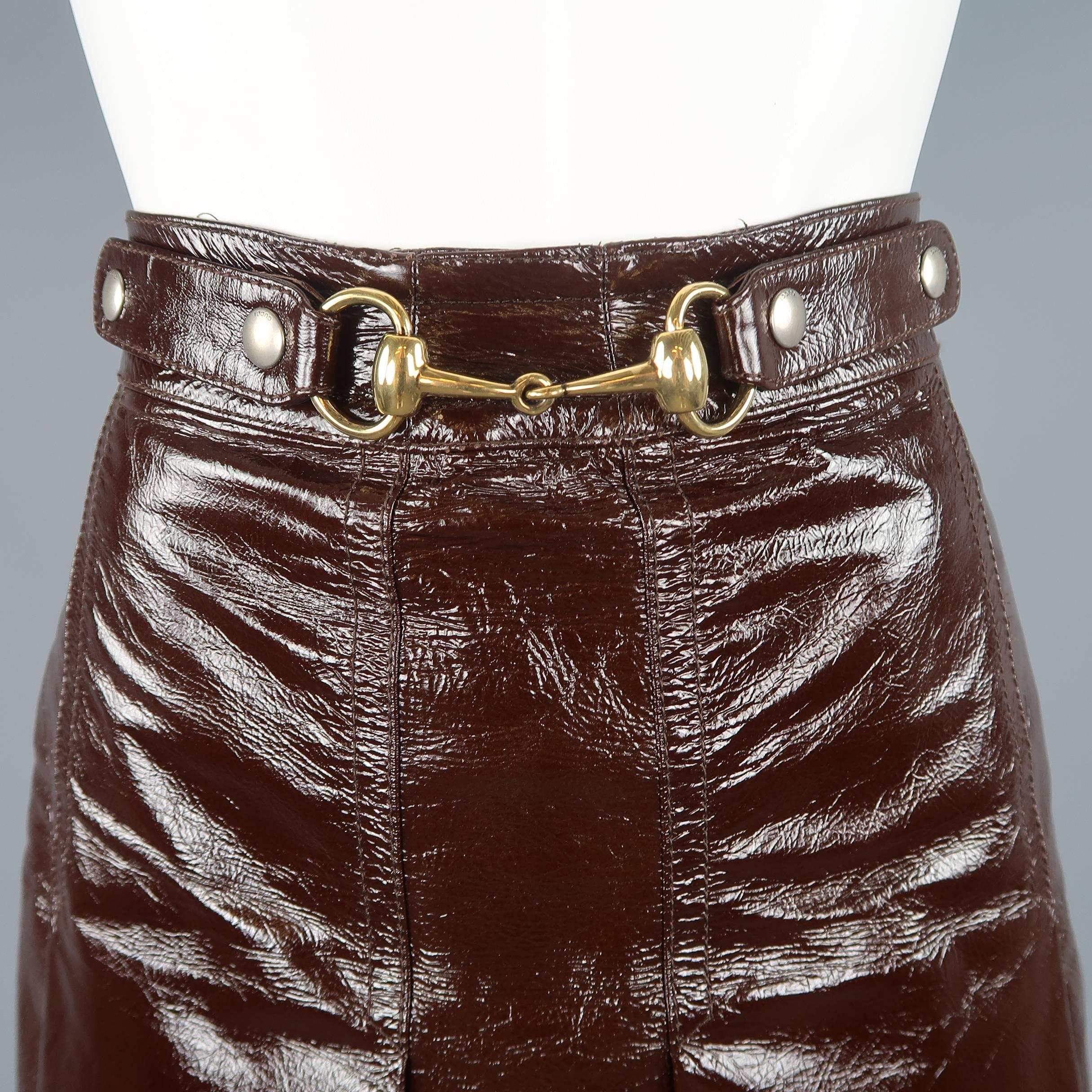 Black Gucci Brown Patent Leather Box Pleated Horsebit Skirt - Resort 2016