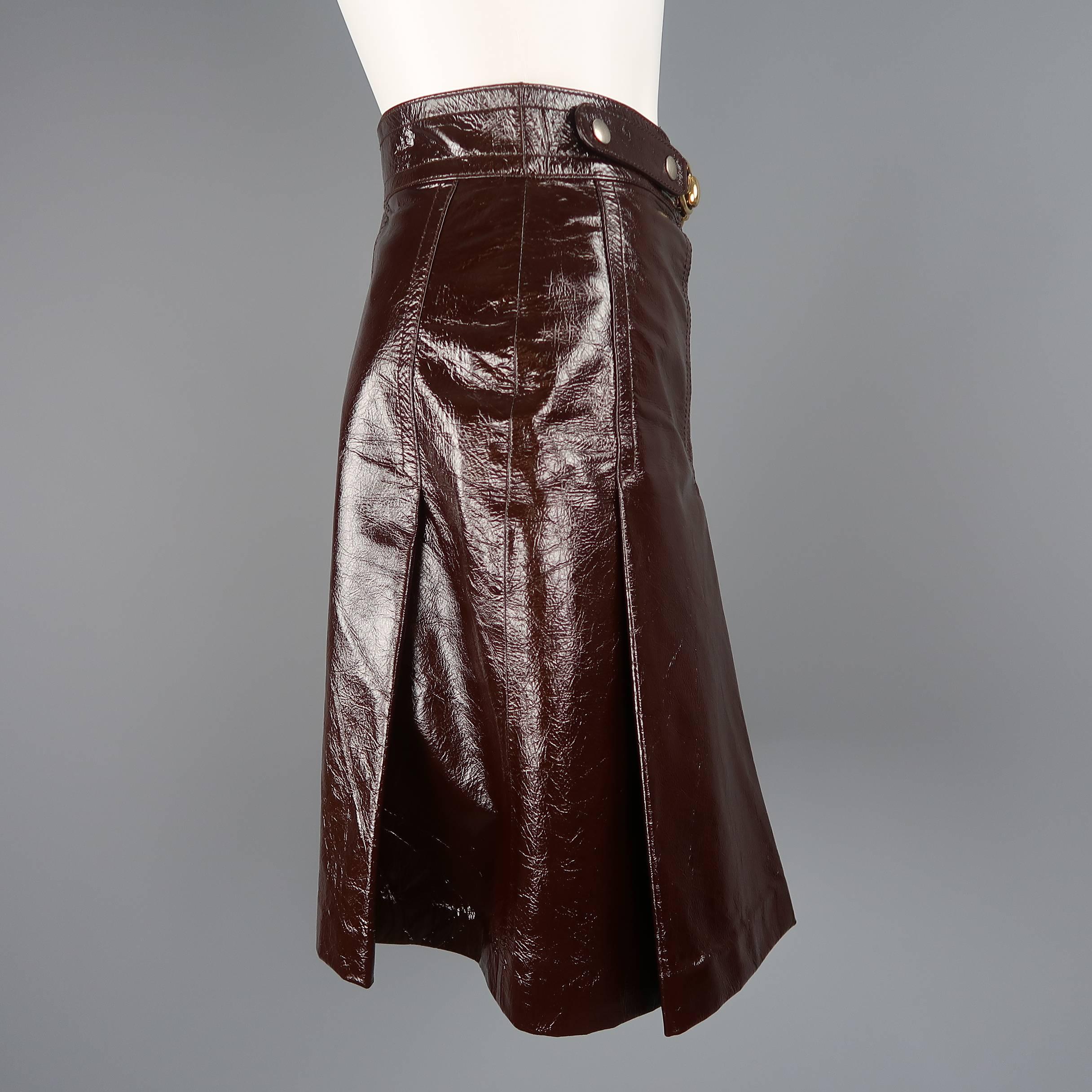 Women's Gucci Brown Patent Leather Box Pleated Horsebit Skirt - Resort 2016