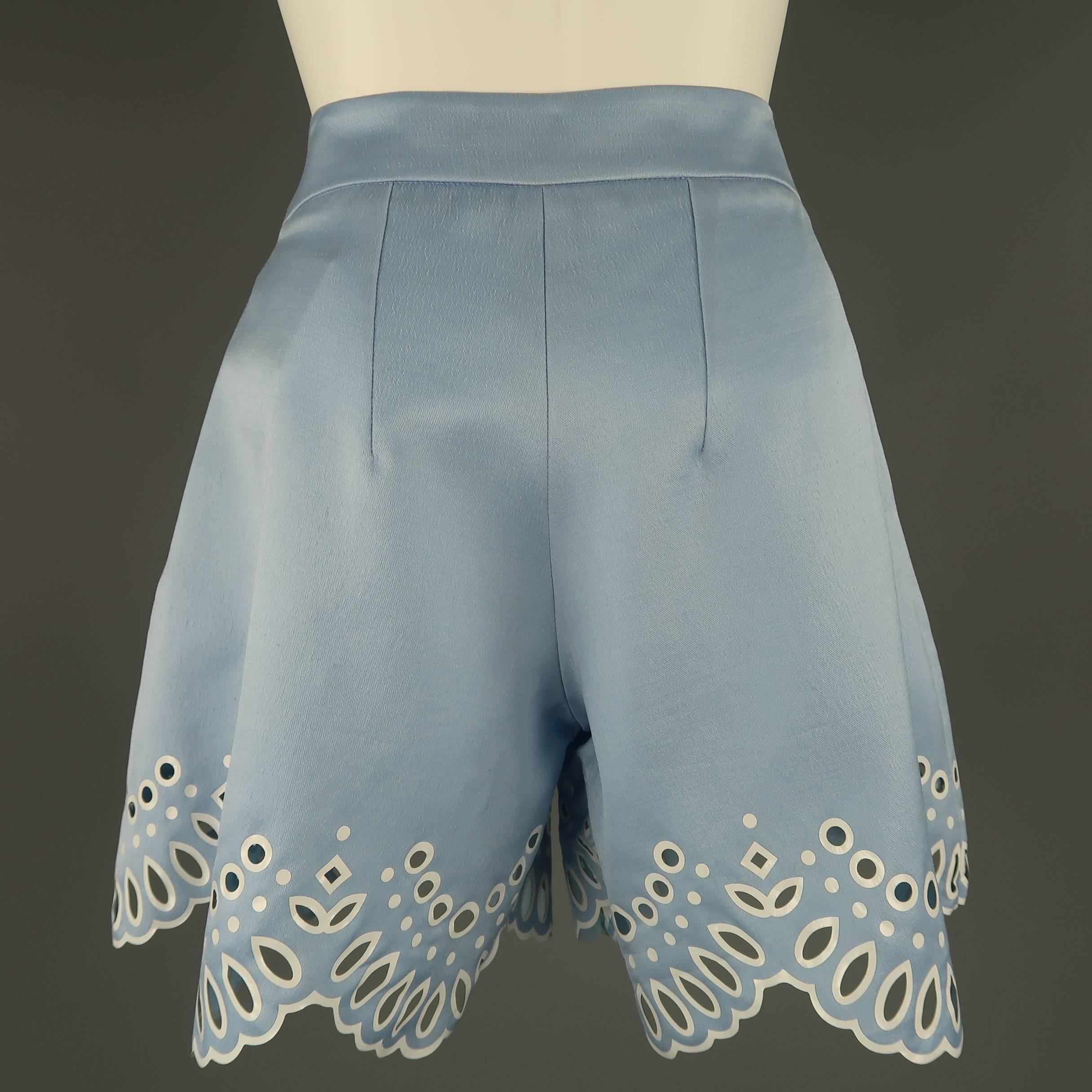 Women's Oscar De La Renta Light Blue Silk Wool Cutout Scalloped Shorts