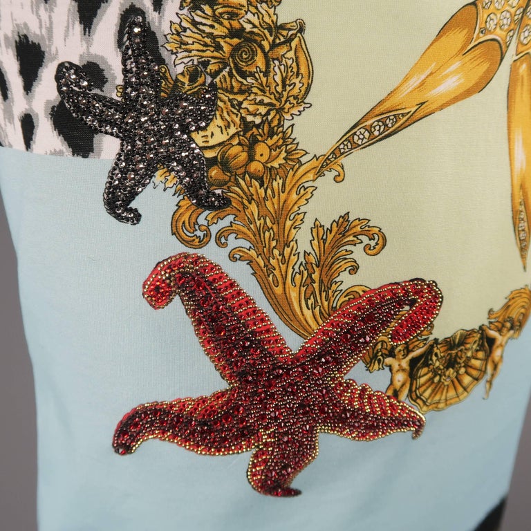 Versace Blue Tresor de la Mer Tribute Rhinestone Print Cotton T-shirt ...