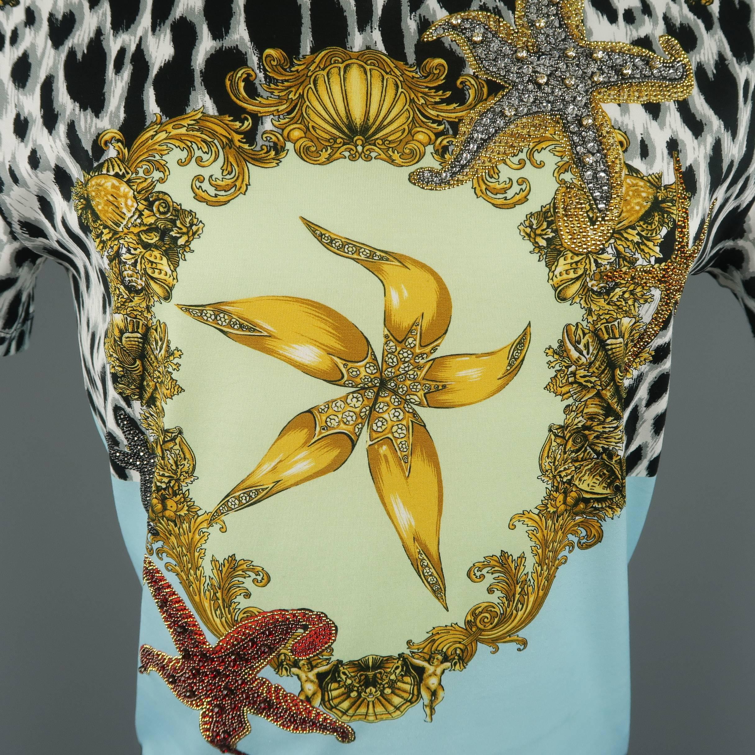 Gray Versace Blue Tresor de la Mer Tribute Rhinestone Print Cotton T-shirt, c 1992