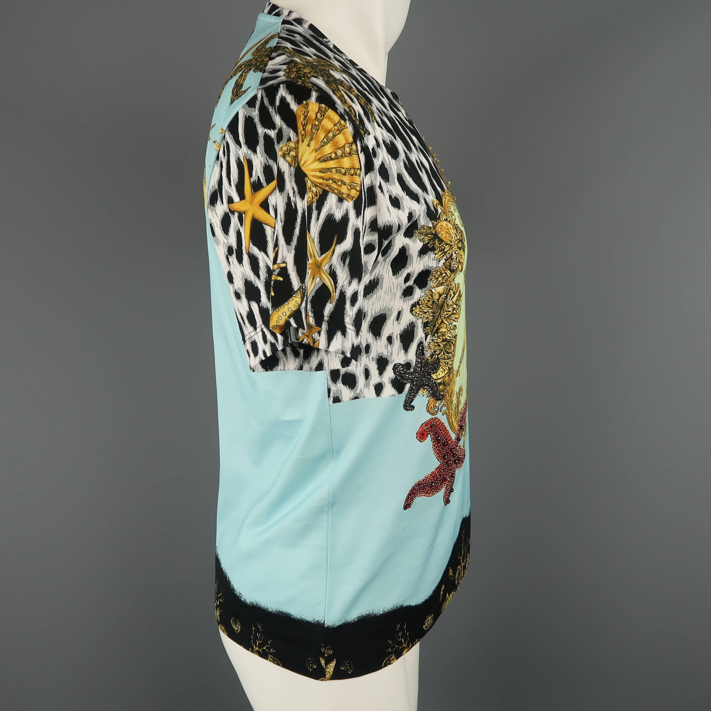 Versace Blue Tresor de la Mer Tribute Rhinestone Print Cotton T-shirt, c 1992 4
