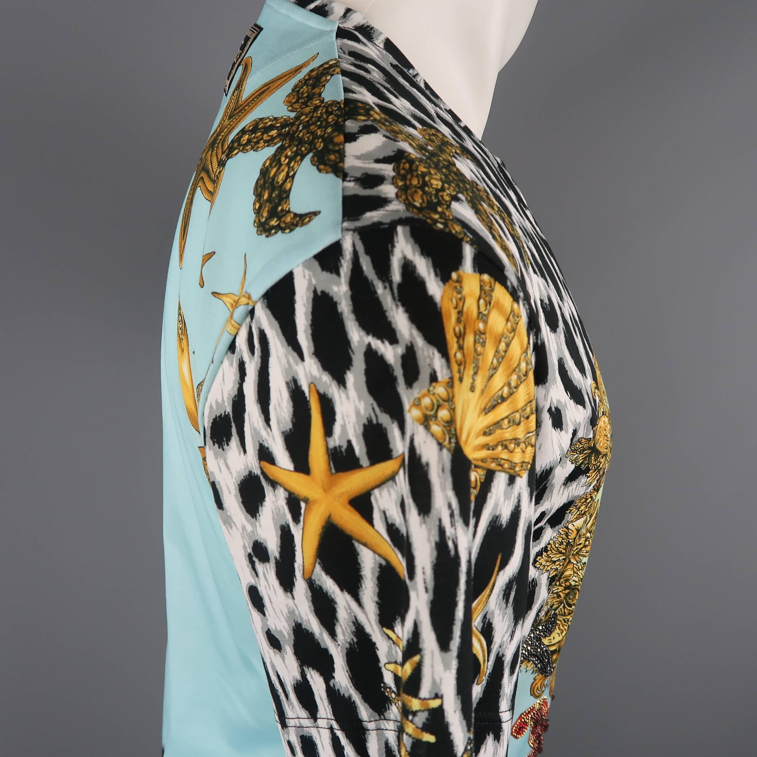 Versace Blue Tresor de la Mer Tribute Rhinestone Print Cotton T-shirt, c 1992 5