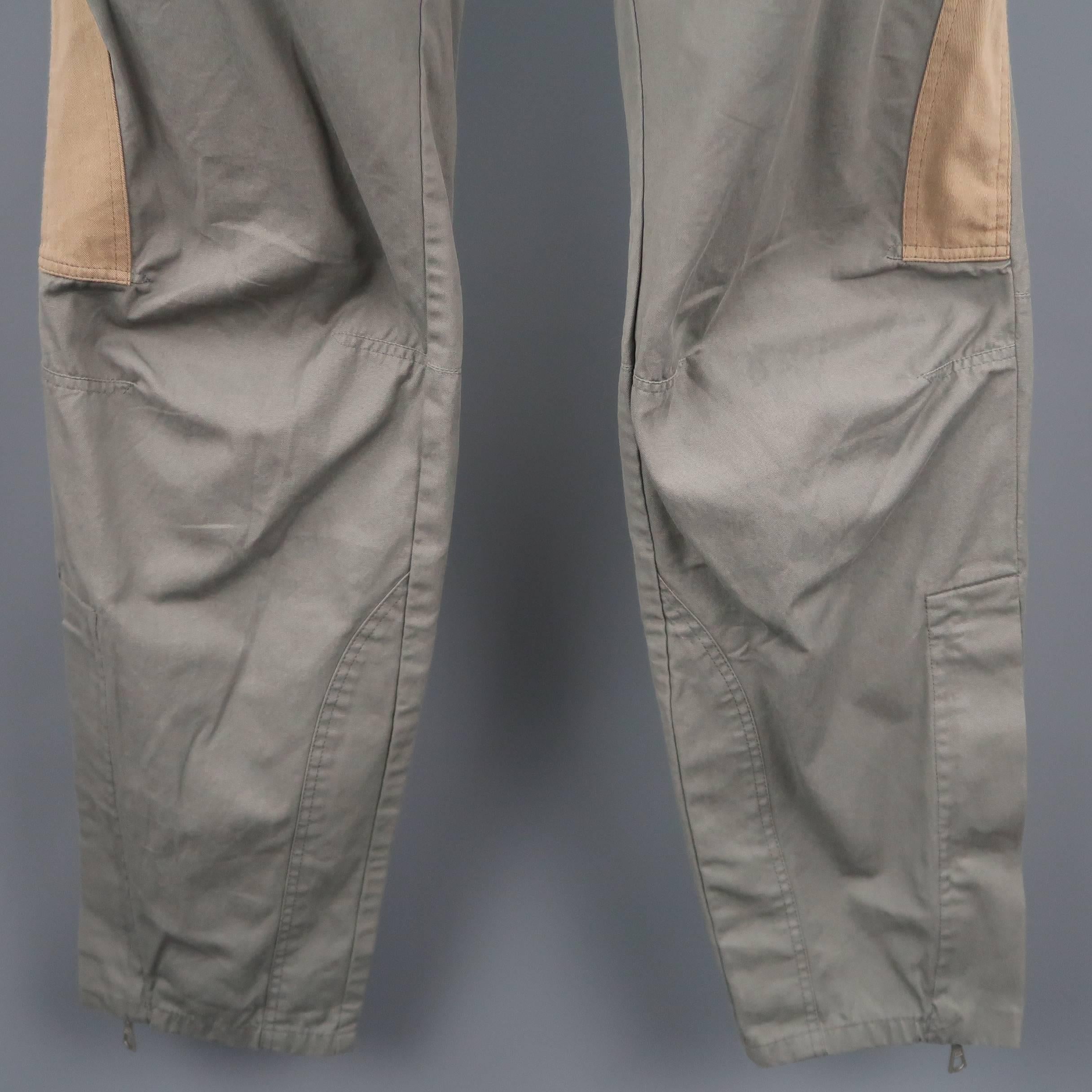 Dries Van Noten Men's Gray Cotton Tan Stripe motorcycle Pants In Excellent Condition In San Francisco, CA