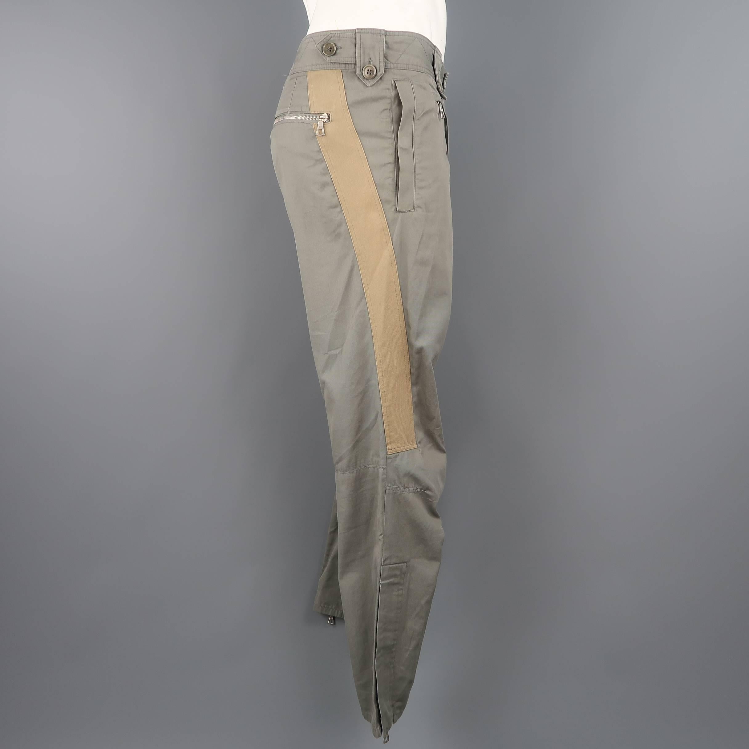 Dries Van Noten Men's Gray Cotton Tan Stripe motorcycle Pants 1