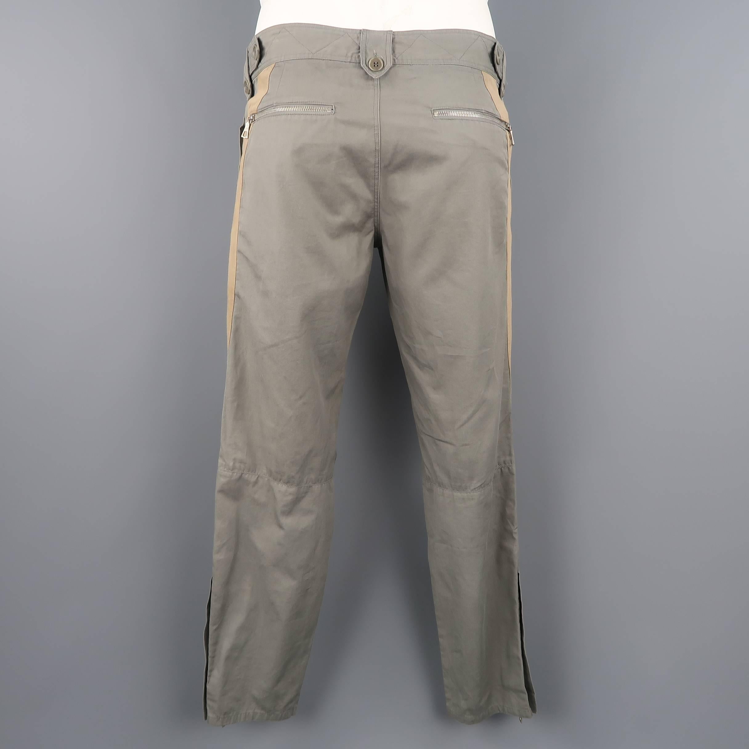 Dries Van Noten Men's Gray Cotton Tan Stripe motorcycle Pants 4