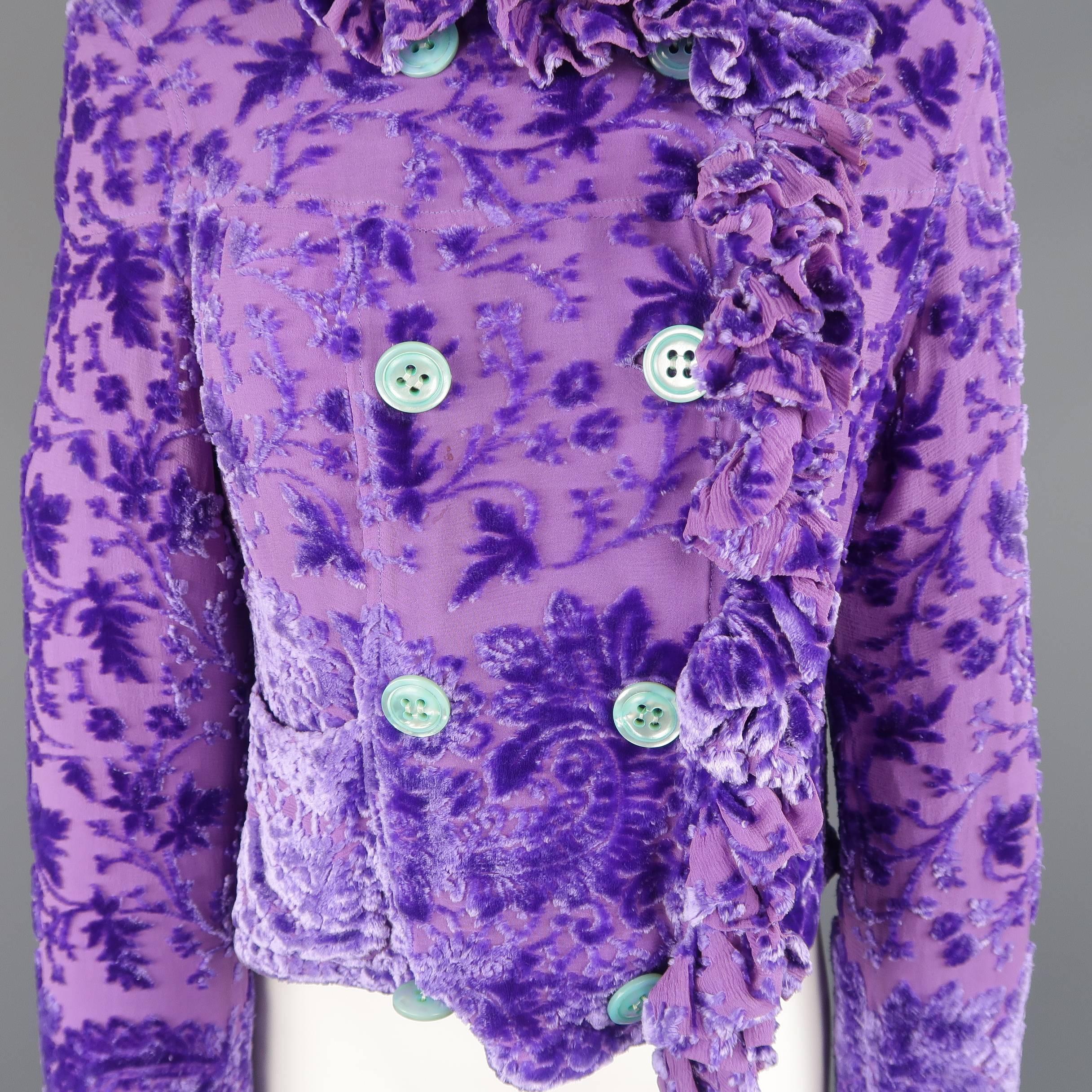 Voyage Purple Velvet Damask Burnout Silk Ruffle Trim Jacket In Excellent Condition In San Francisco, CA