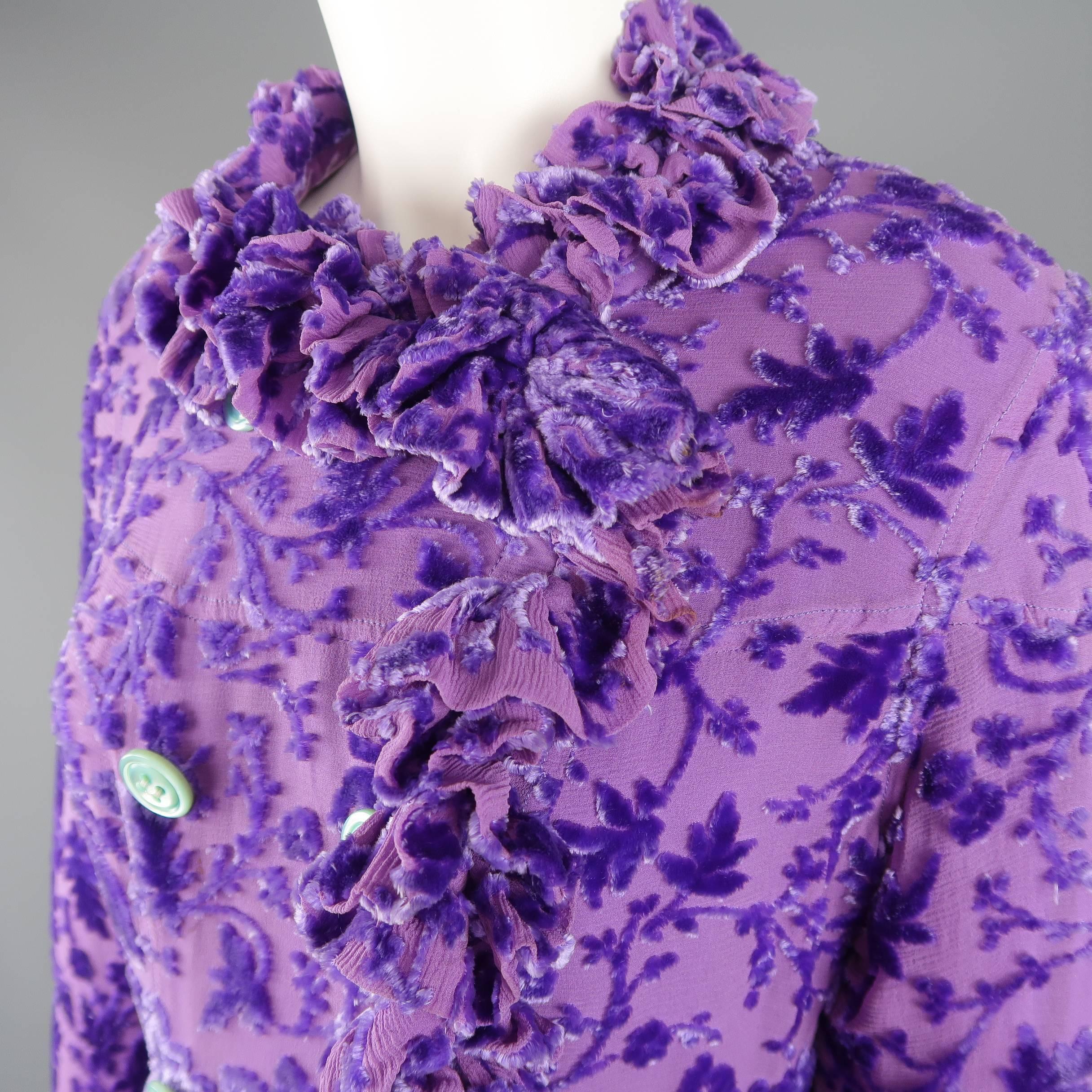 Women's Voyage Purple Velvet Damask Burnout Silk Ruffle Trim Jacket