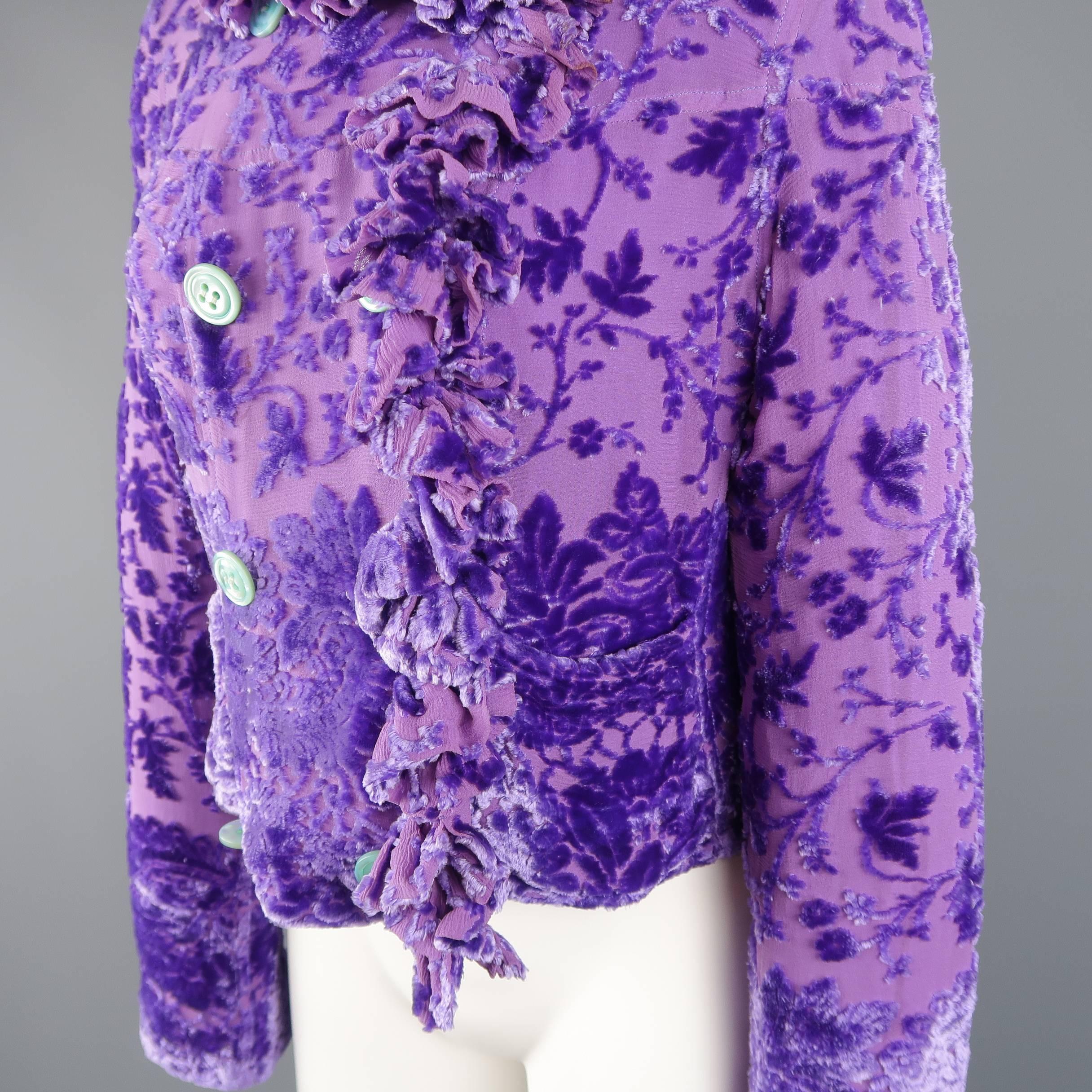 Voyage Purple Velvet Damask Burnout Silk Ruffle Trim Jacket 1