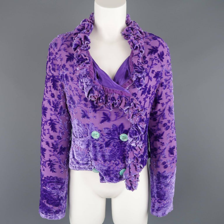 Voyage Purple Velvet Damask Burnout Silk Ruffle Trim Jacket at 1stDibs