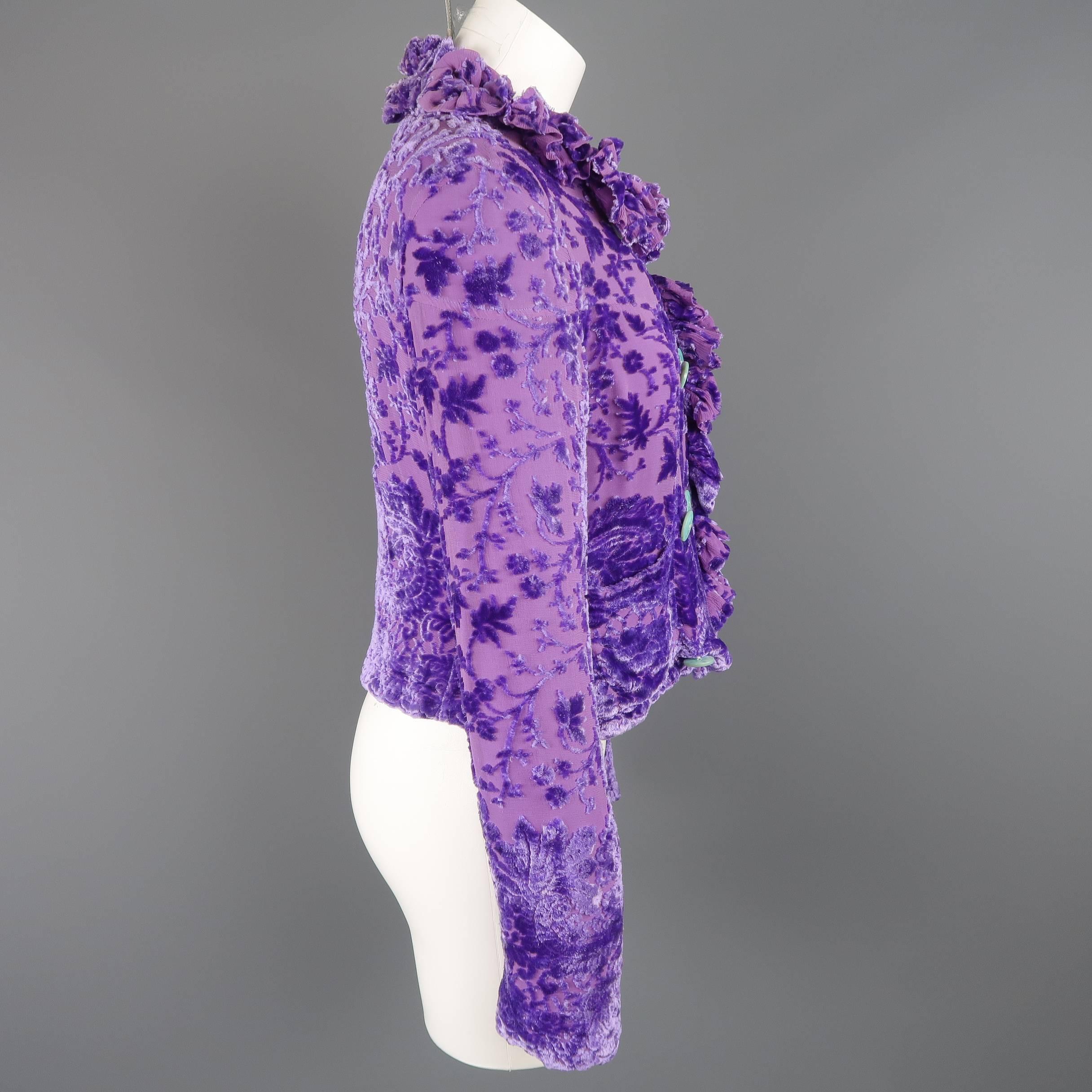 Voyage Purple Velvet Damask Burnout Silk Ruffle Trim Jacket 3