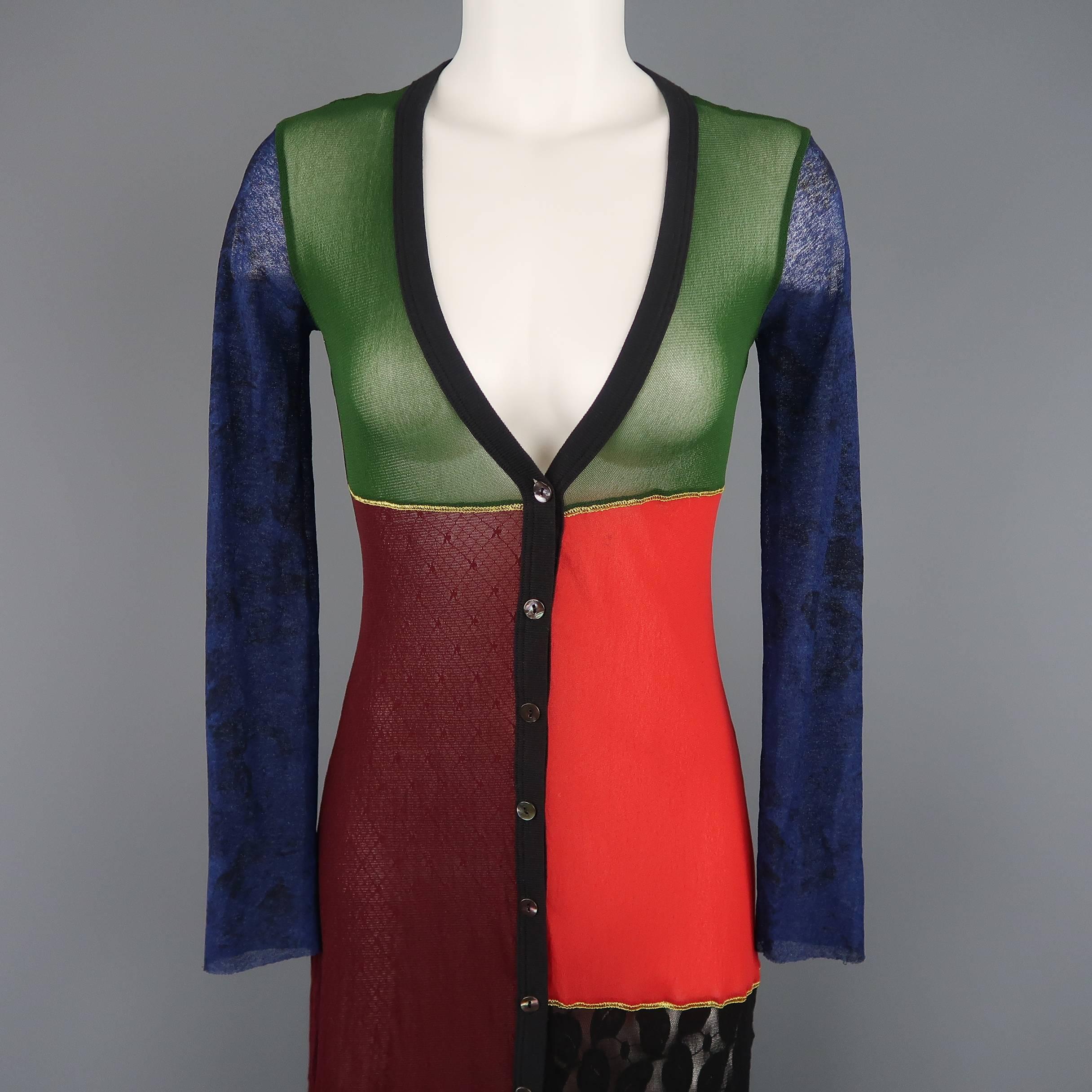 Vintage Jean Paul Gaultier cardigan dress comes in multi-color patchwork micro-mesh and lace with hues of green, red, burgundy, yellow, and blue with an elephant print back and deep V neck front. Made in Italy.
 
Excellent Pre-Owned