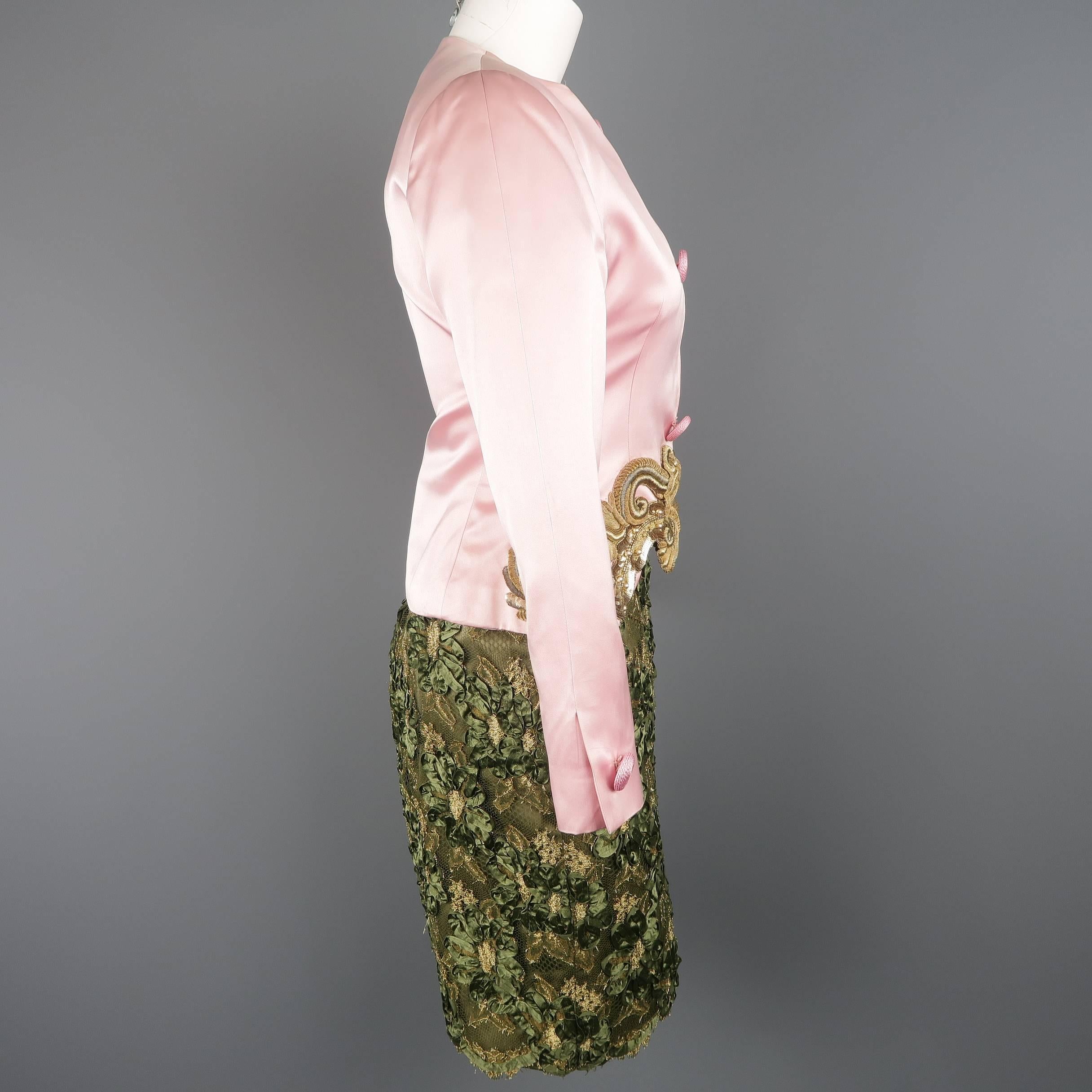 Bill Blass Pink and Green Silk Gold Embellished Lace Skirt Set 4