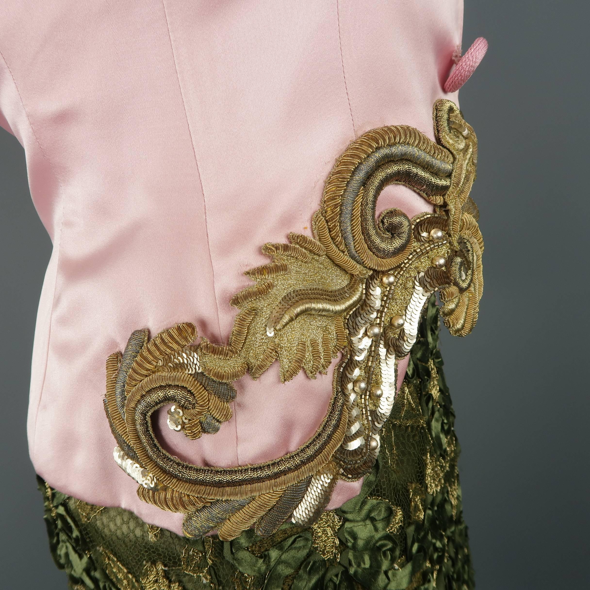 Bill Blass Pink and Green Silk Gold Embellished Lace Skirt Set 5