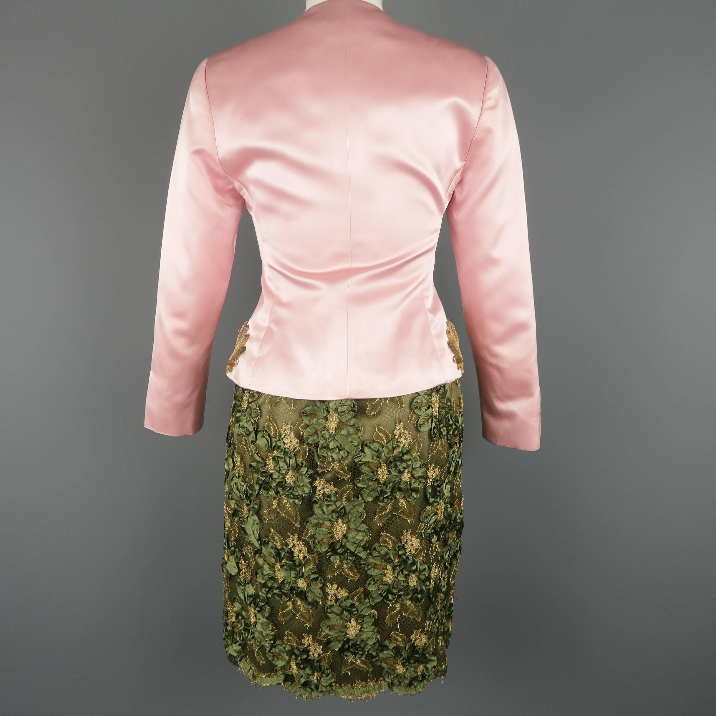 Bill Blass Pink and Green Silk Gold Embellished Lace Skirt Set 6