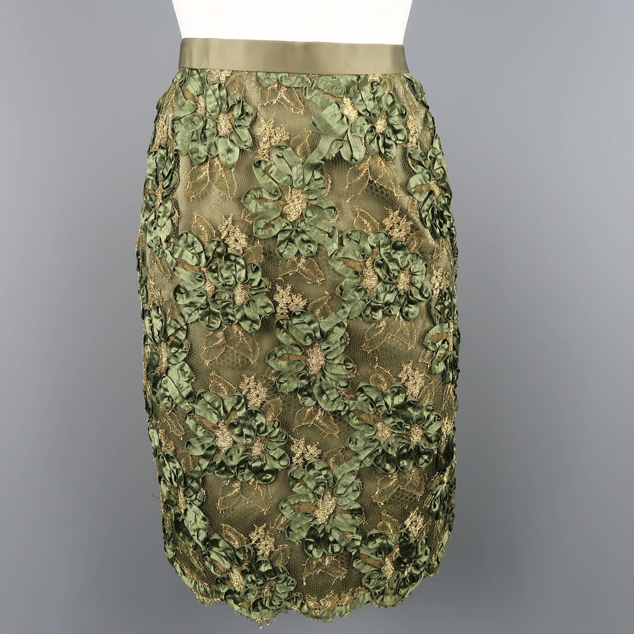 Bill Blass Pink and Green Silk Gold Embellished Lace Skirt Set 8