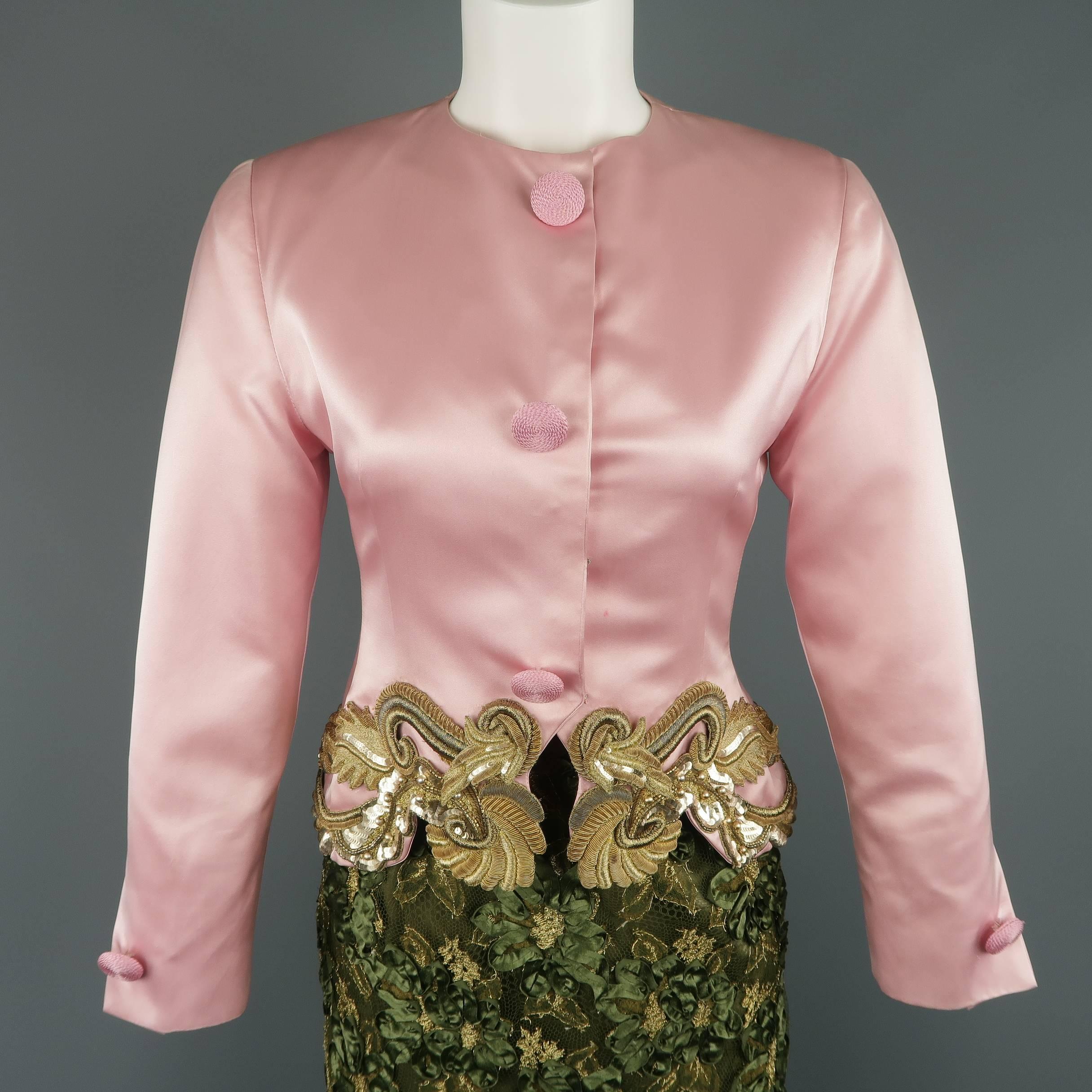 Vintage Bill Blass suit includes A pink silk satin jacket with a round neckline, snap closure front with braided buttons, and gold baroque embellished cutout hemline and a green & gold textured lace skirt. Spot on jacket. As-is. Made in USA.
 
Fair