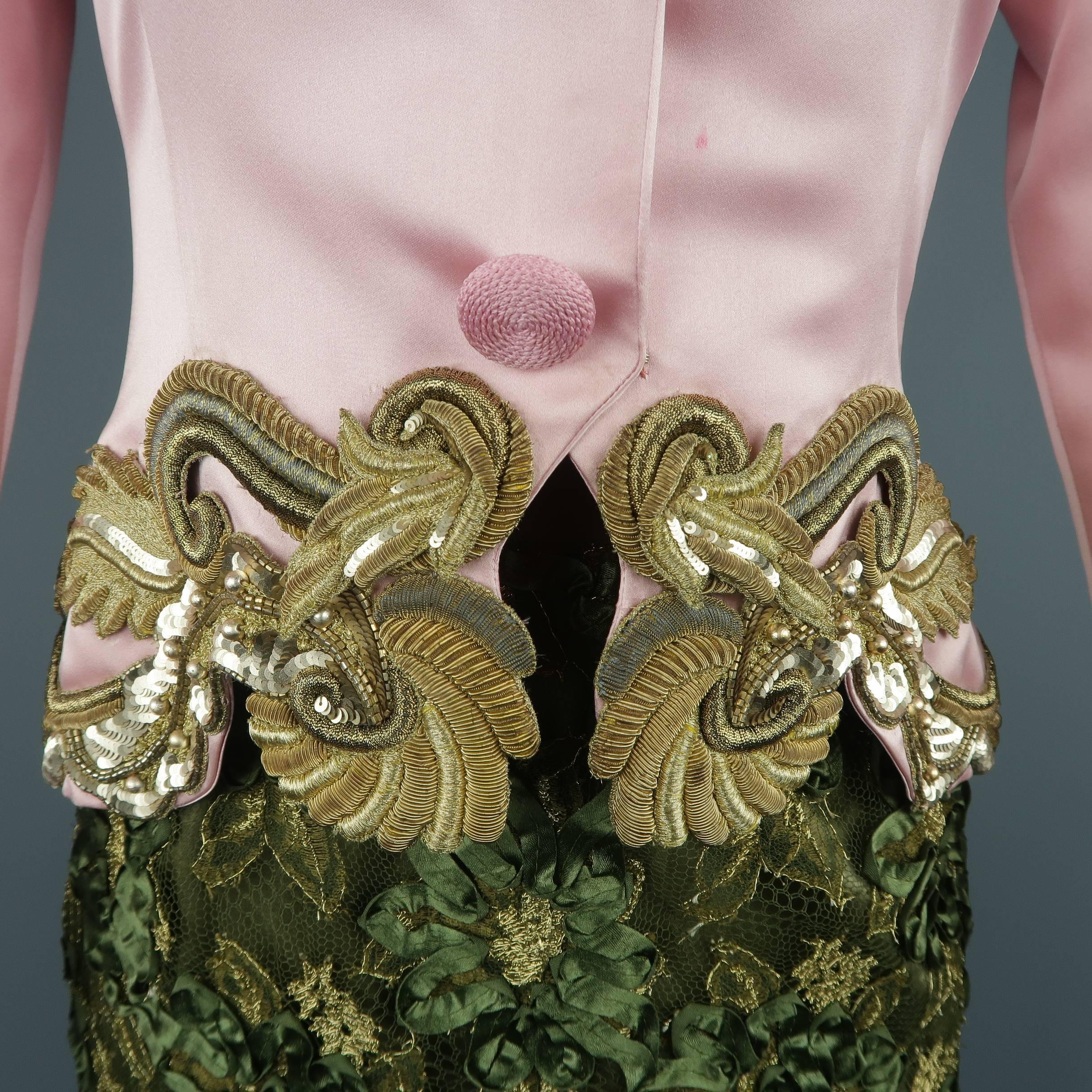 Bill Blass Pink and Green Silk Gold Embellished Lace Skirt Set In Fair Condition In San Francisco, CA