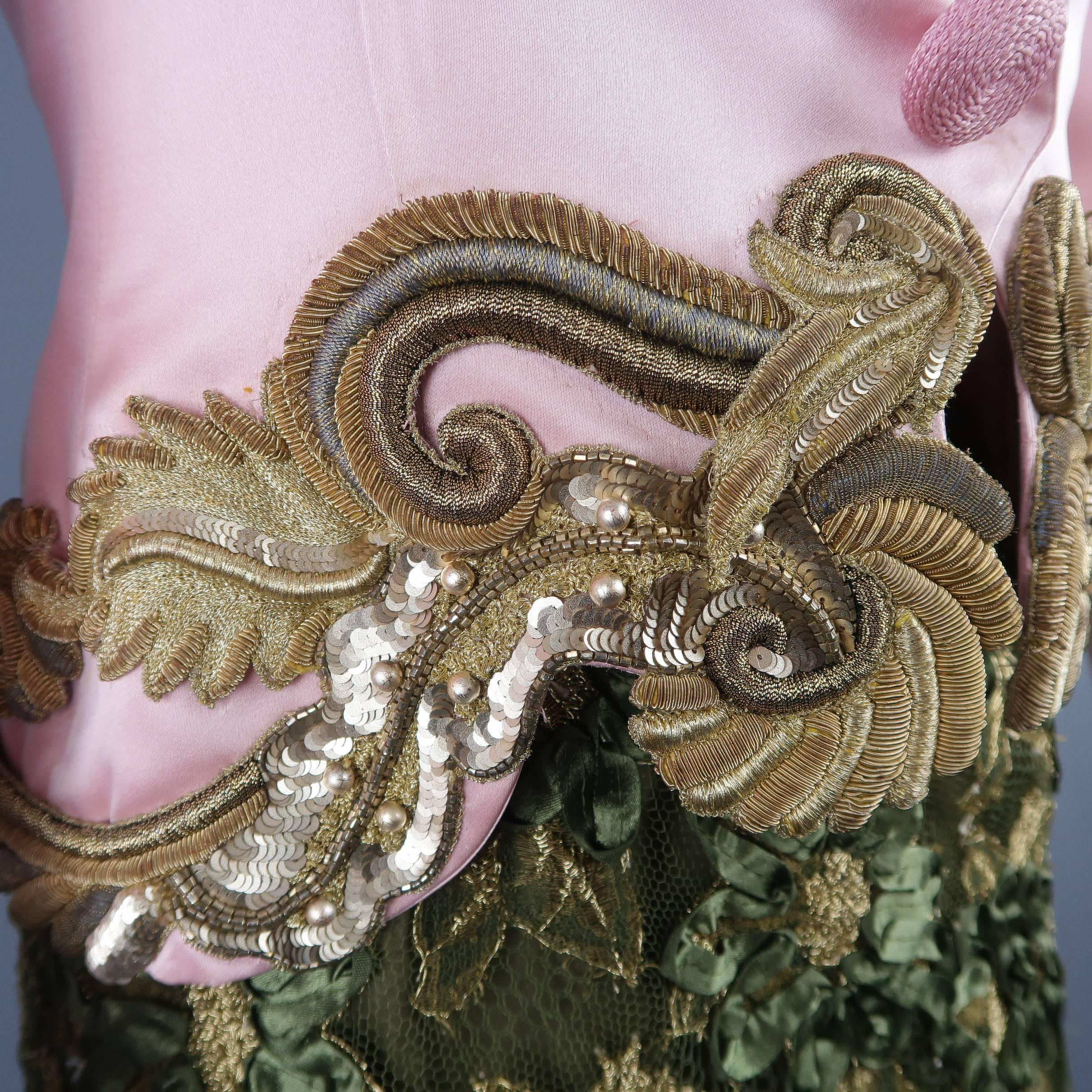 Women's Bill Blass Pink and Green Silk Gold Embellished Lace Skirt Set