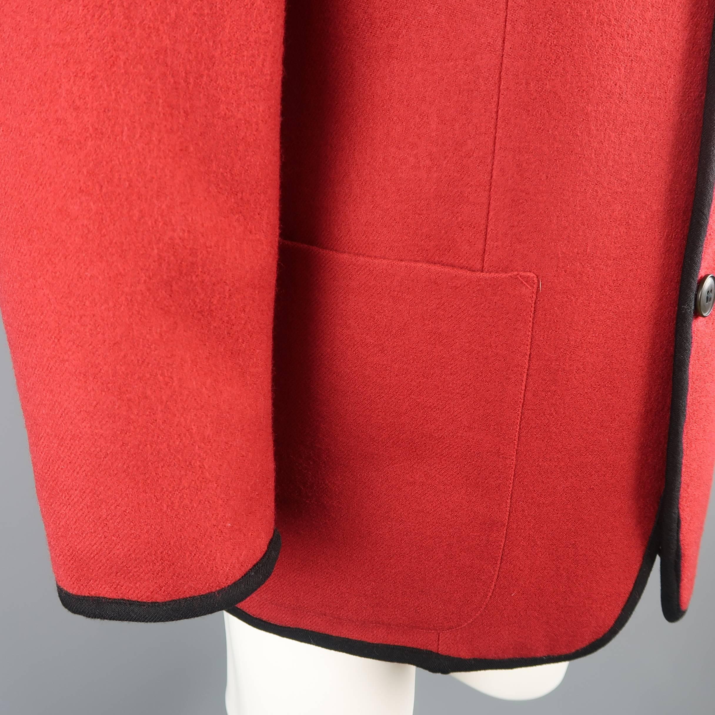 Jean Paul Gaultier Men's Red and Black Wool V Neck Collarless Jacket In Excellent Condition In San Francisco, CA