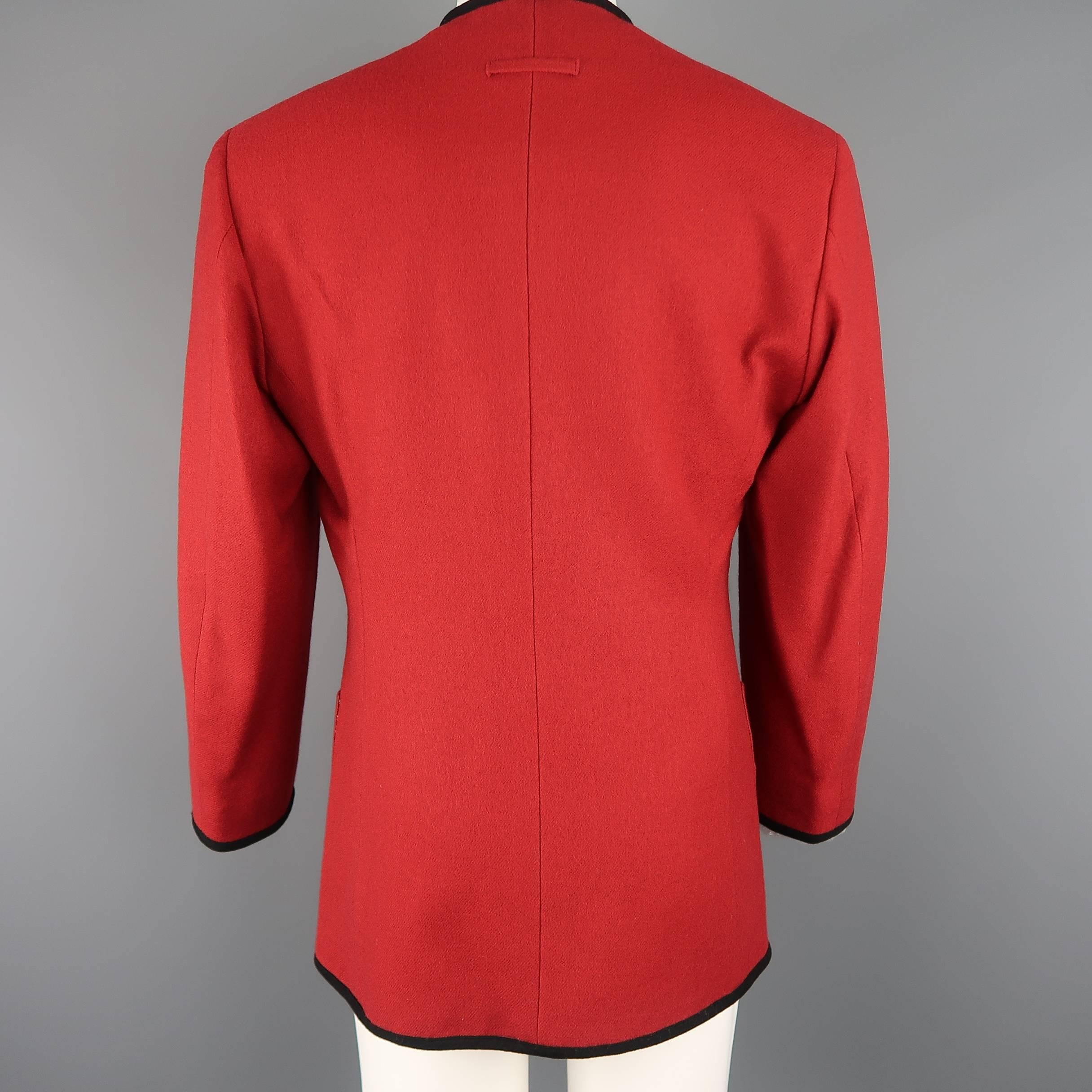 Women's or Men's Jean Paul Gaultier Men's Red and Black Wool V Neck Collarless Jacket