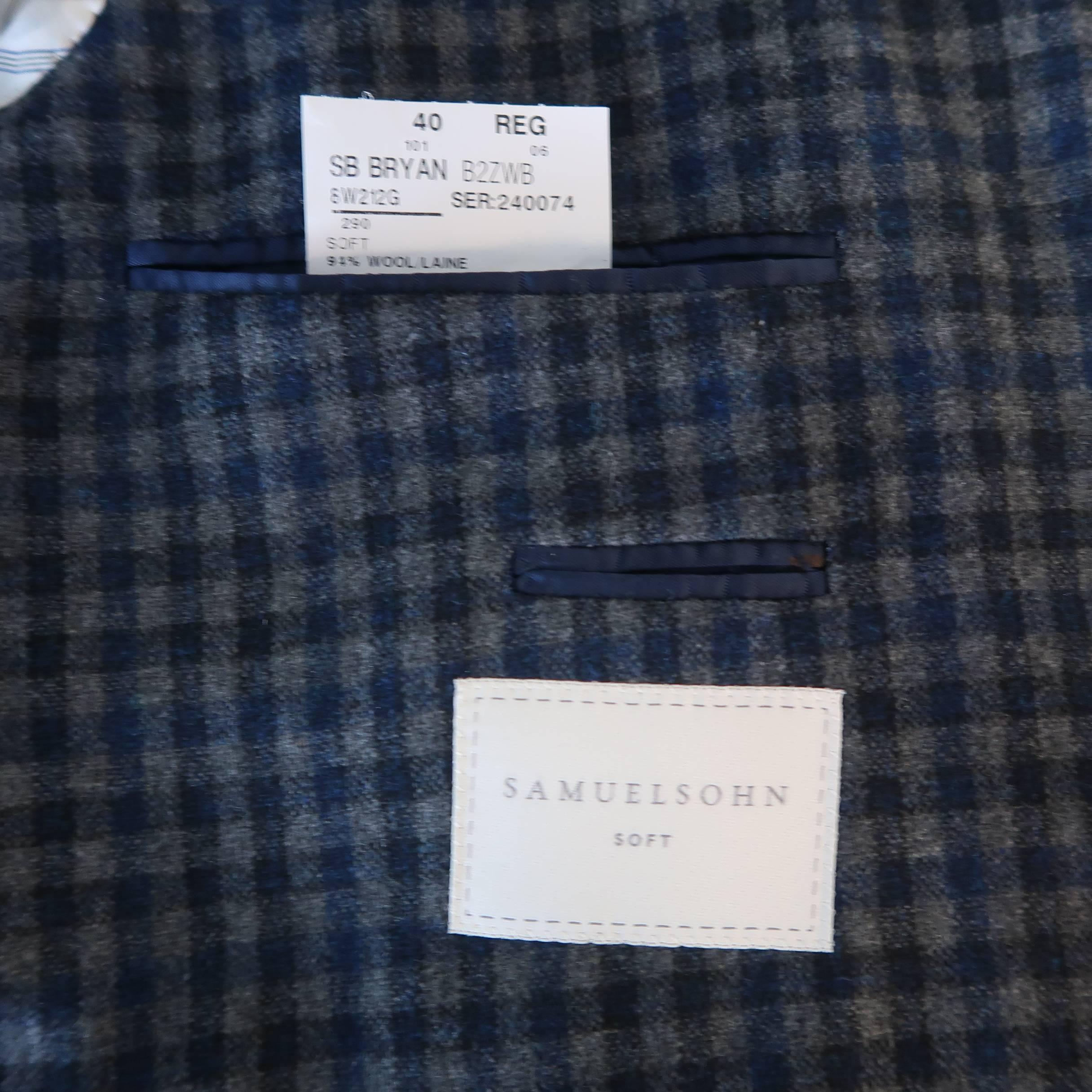 Men's SAMUELSOHN 40 Regular Grey & Navy Plaid Wool / Cashmere 2 Button Sport Coa 3