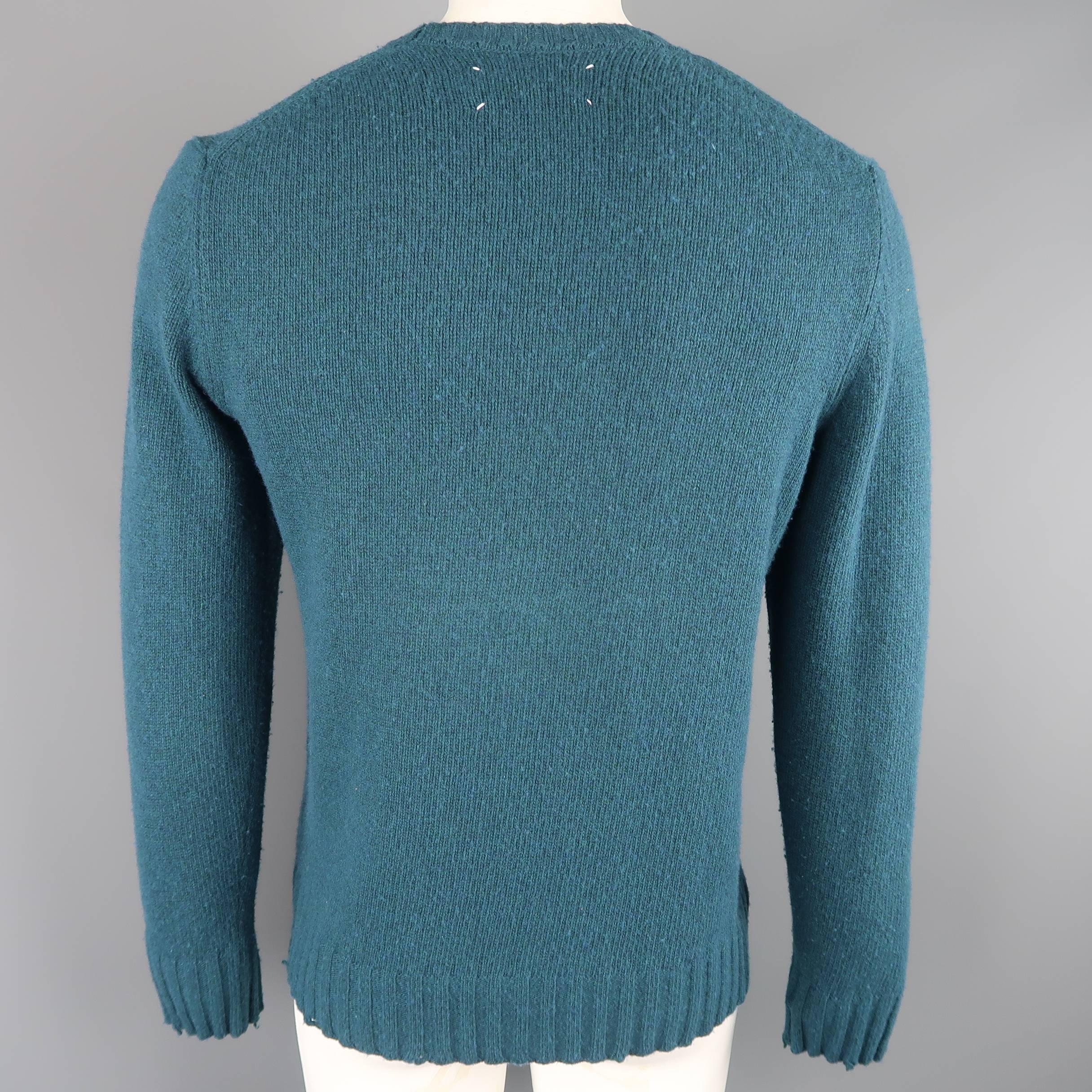 Men's MAISON MARTIN MARGIELA Size L Teal Knitted Wool Blend Crewneck Sweater In Fair Condition In San Francisco, CA