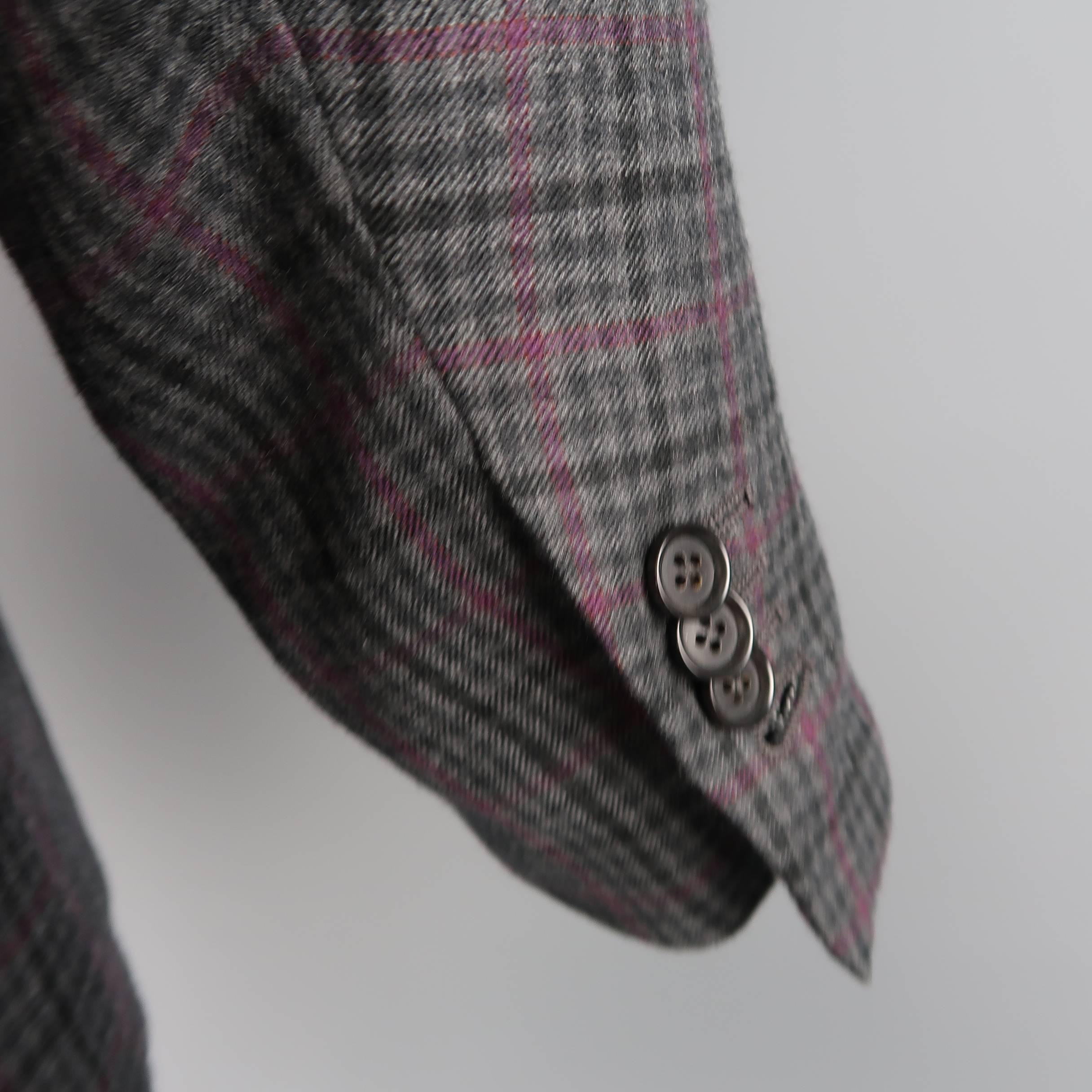 Men's ISAIA 42 Long Grey & Purple Plaid Cashmere Notch Lapel Sport Coat In Excellent Condition In San Francisco, CA