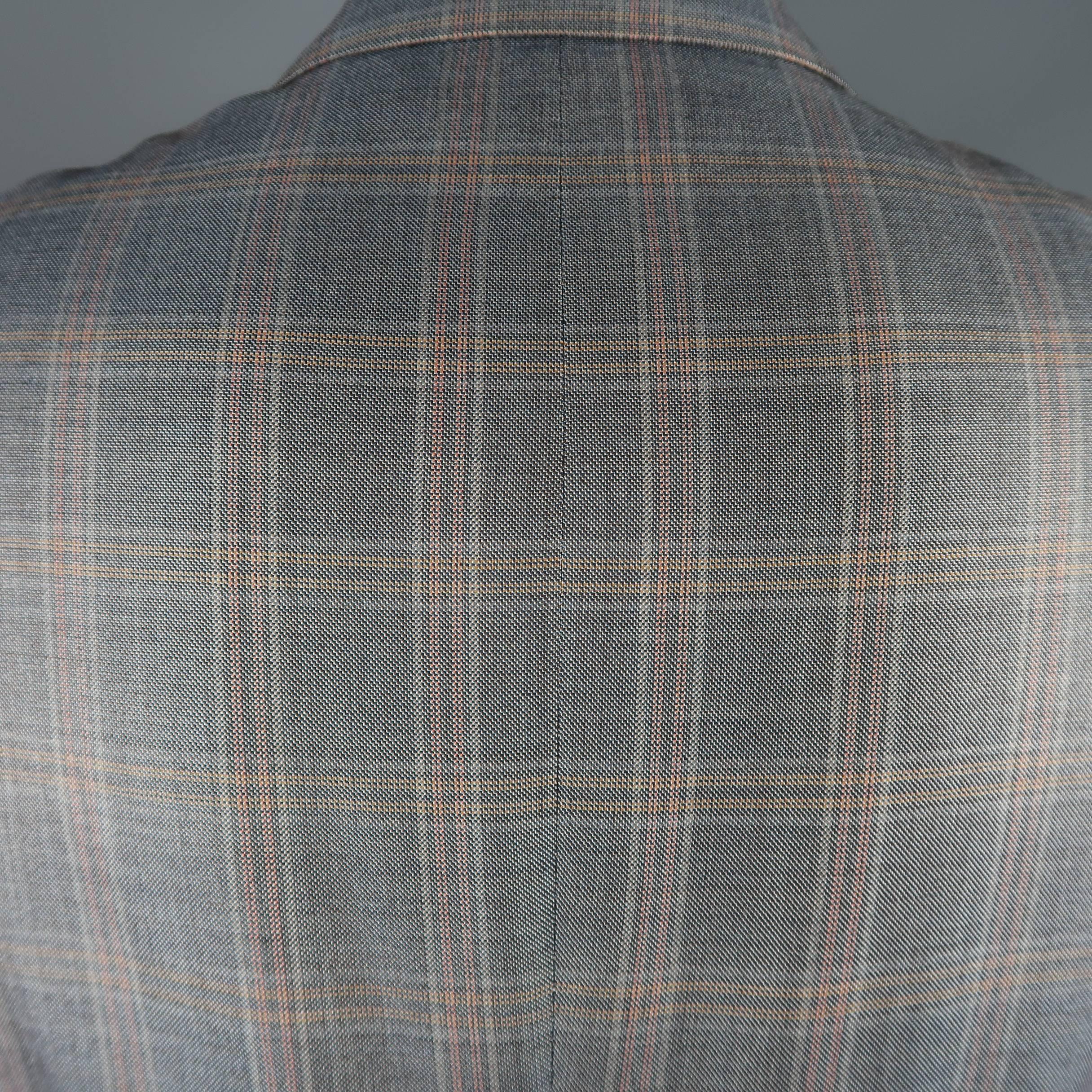 Gray Men's GIORGIO ARMANI 42 Long Grey & Orange Window Pane Wool / Silk Sport Coat