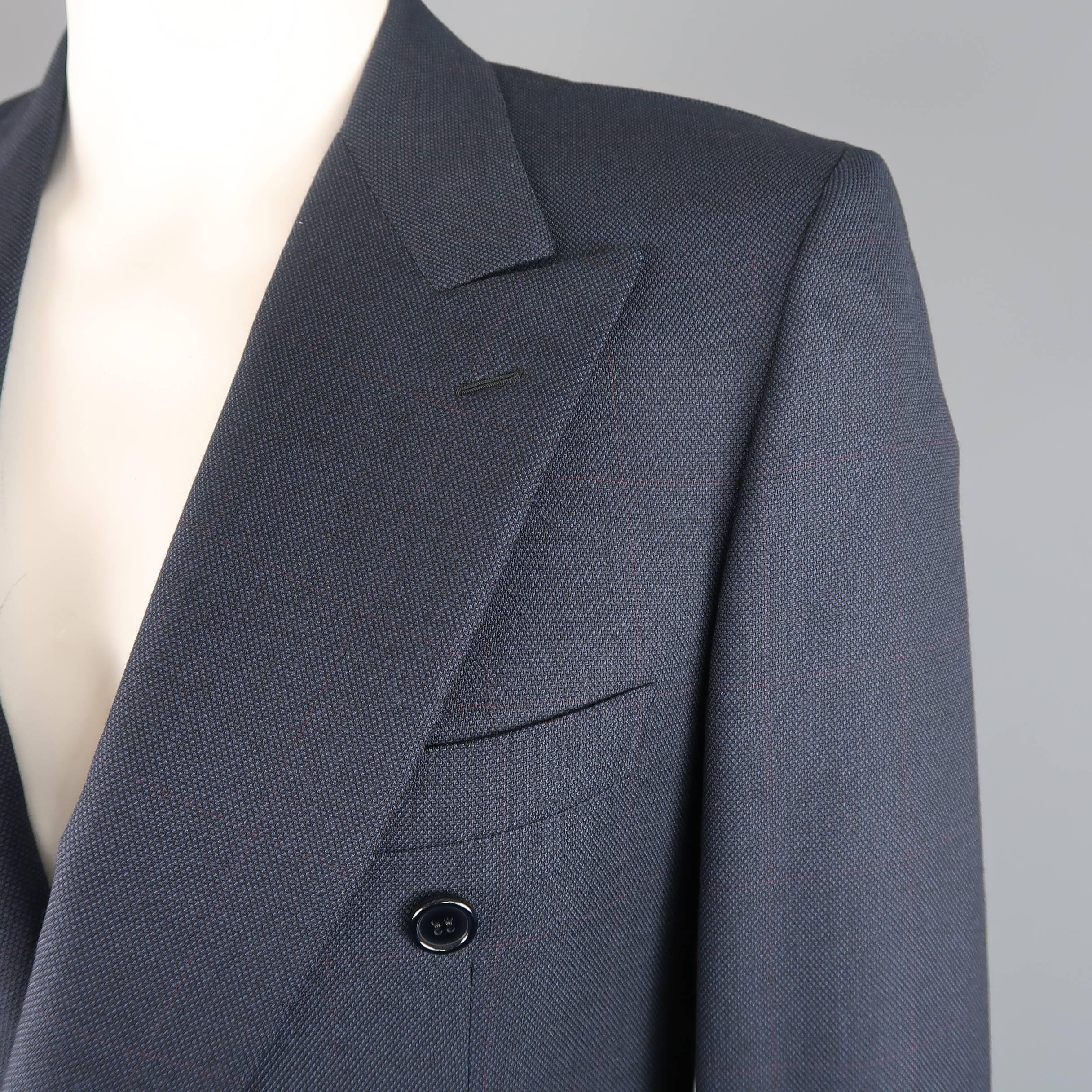 
Vintage double breasted BRIONI sport coat comes in navy textured wool fabric with a subtle red windowpane pattern throughout, single button closure, and wide peak lapel. Made in Italy.
 
Excellent Pre-Owned Condition.
Marked: 40 L
 
Measurements:
 
