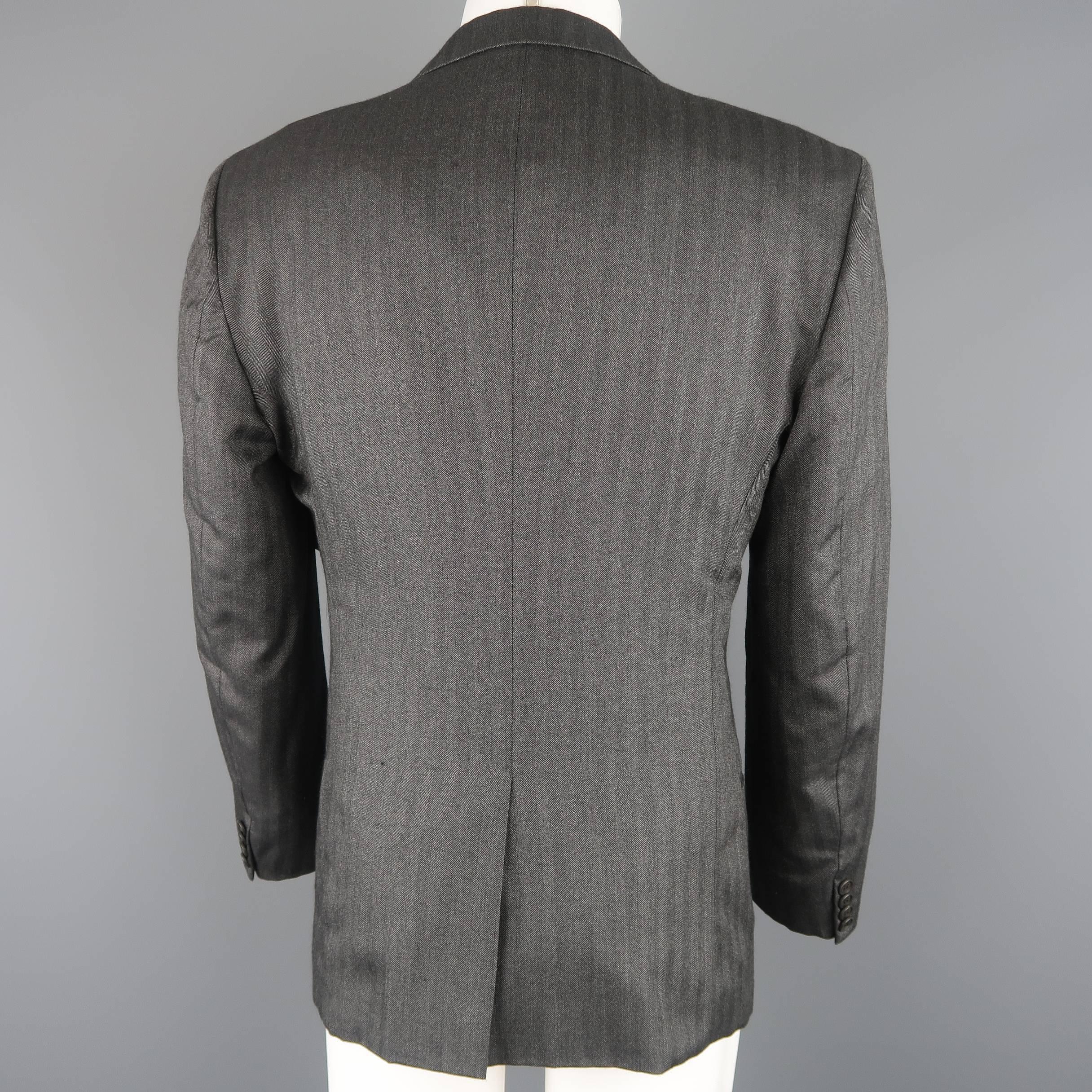 Black GIORGIO ARMANI 40 Charcoal Herringbone Cashmere / Silk 3 Button Sport Coat