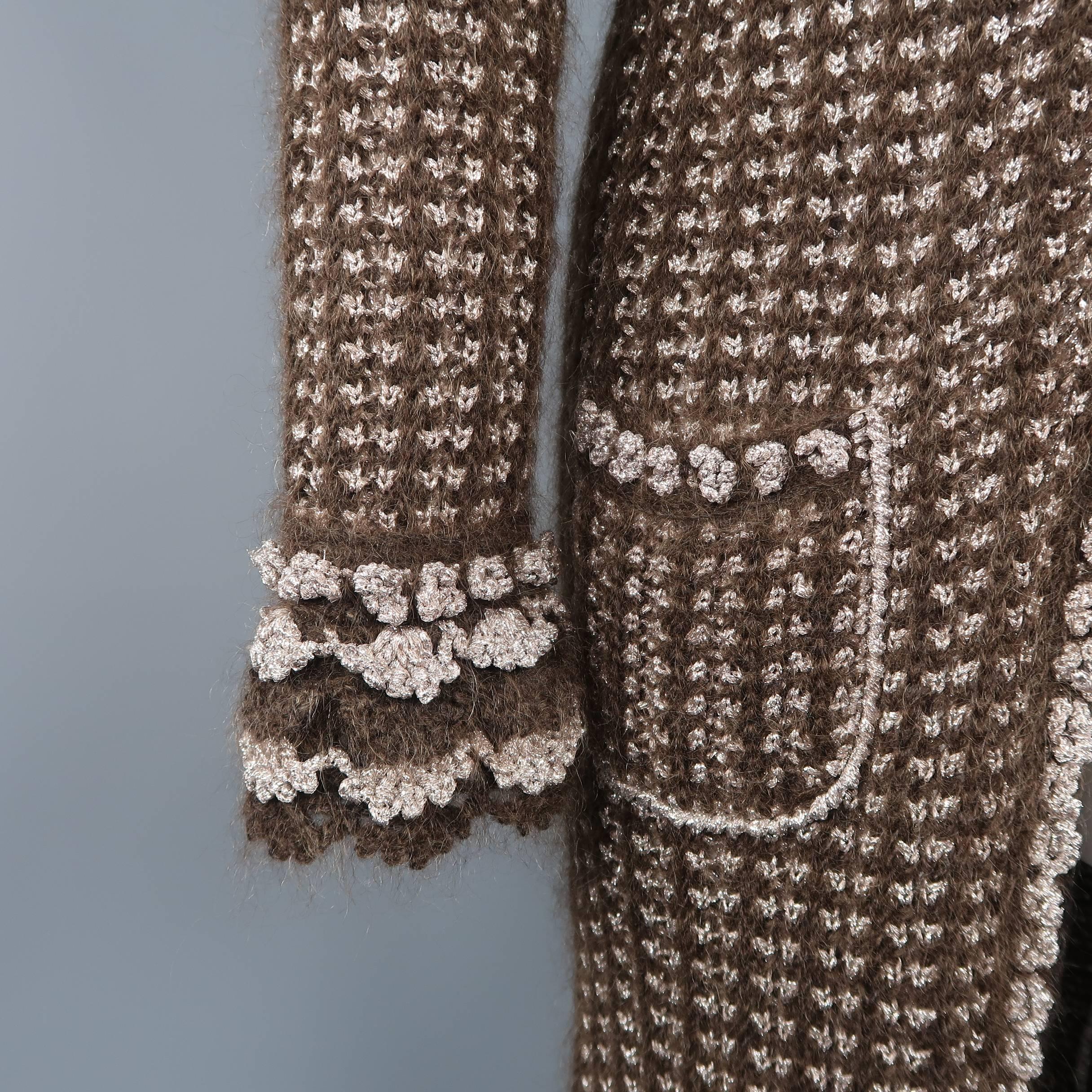 CHANEL Cardigan - Size M Brown & Silver Mohair Blend Gold Button Long Sweater In Good Condition In San Francisco, CA
