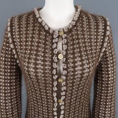 CHANEL Cardigan - Size M Brown & Silver Mohair Blend Gold Button Long Sweater