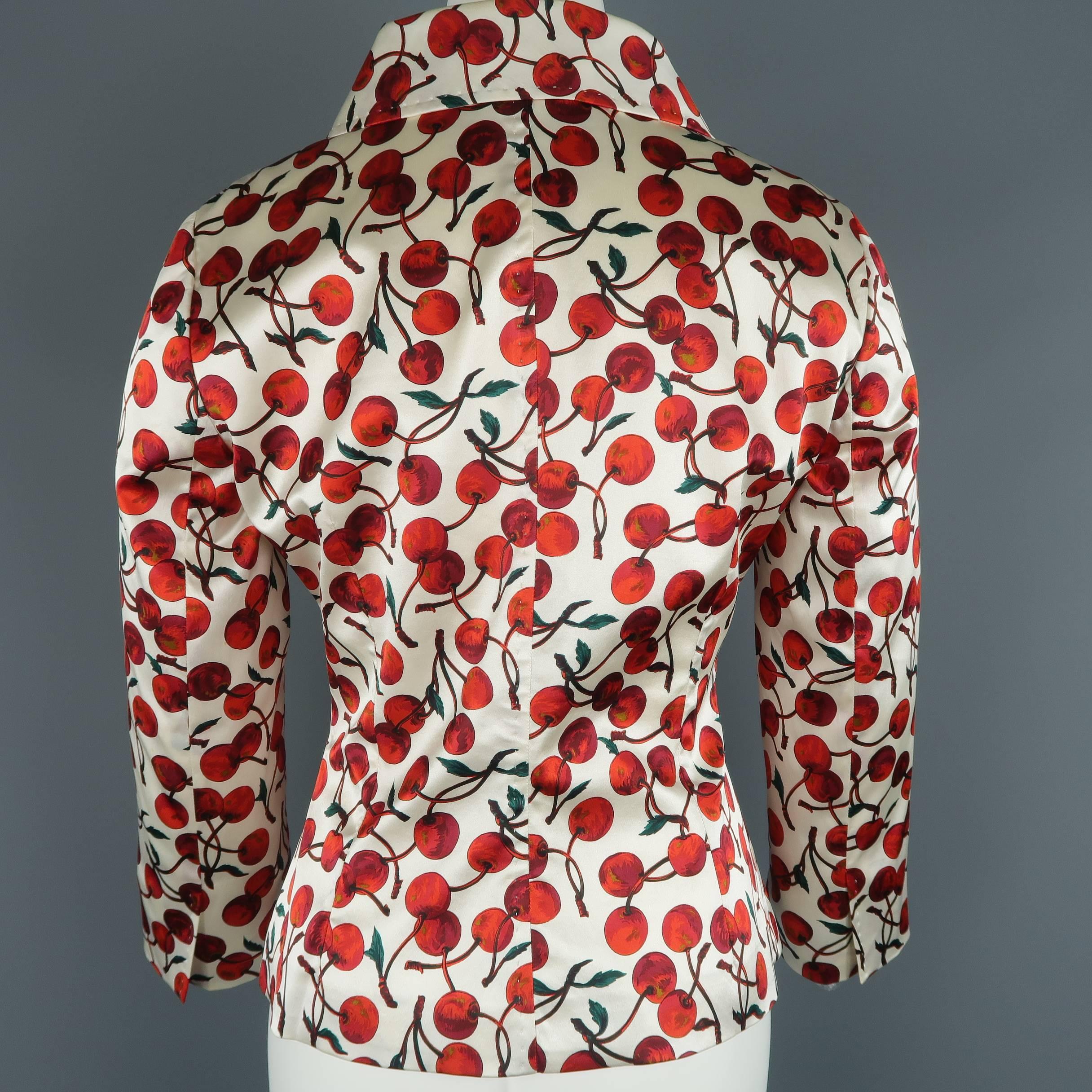 DOLCE & GABBANA Size 10 White & Red Silk Blend Cherry Print Jacket In Excellent Condition In San Francisco, CA