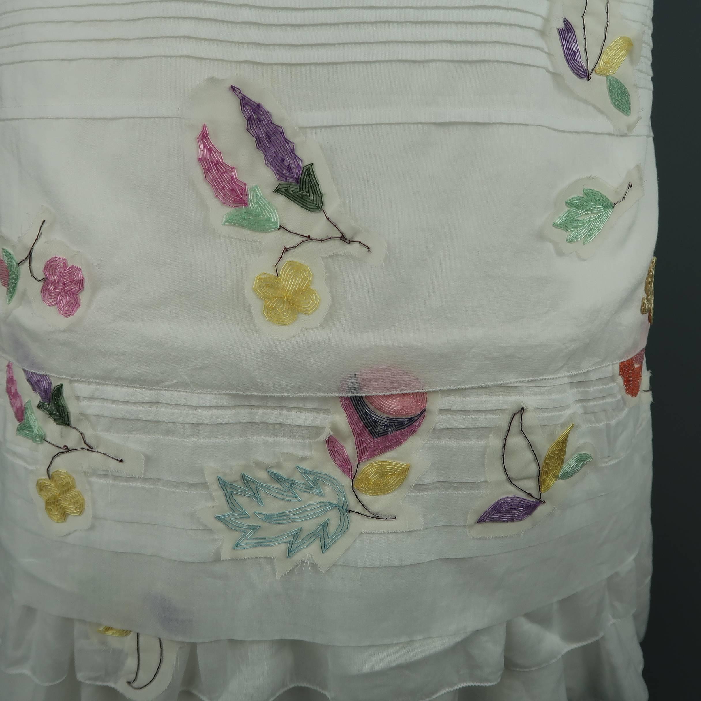 Women's PRADA Size 6 White Beaded Floral Cotton Sun Dress
