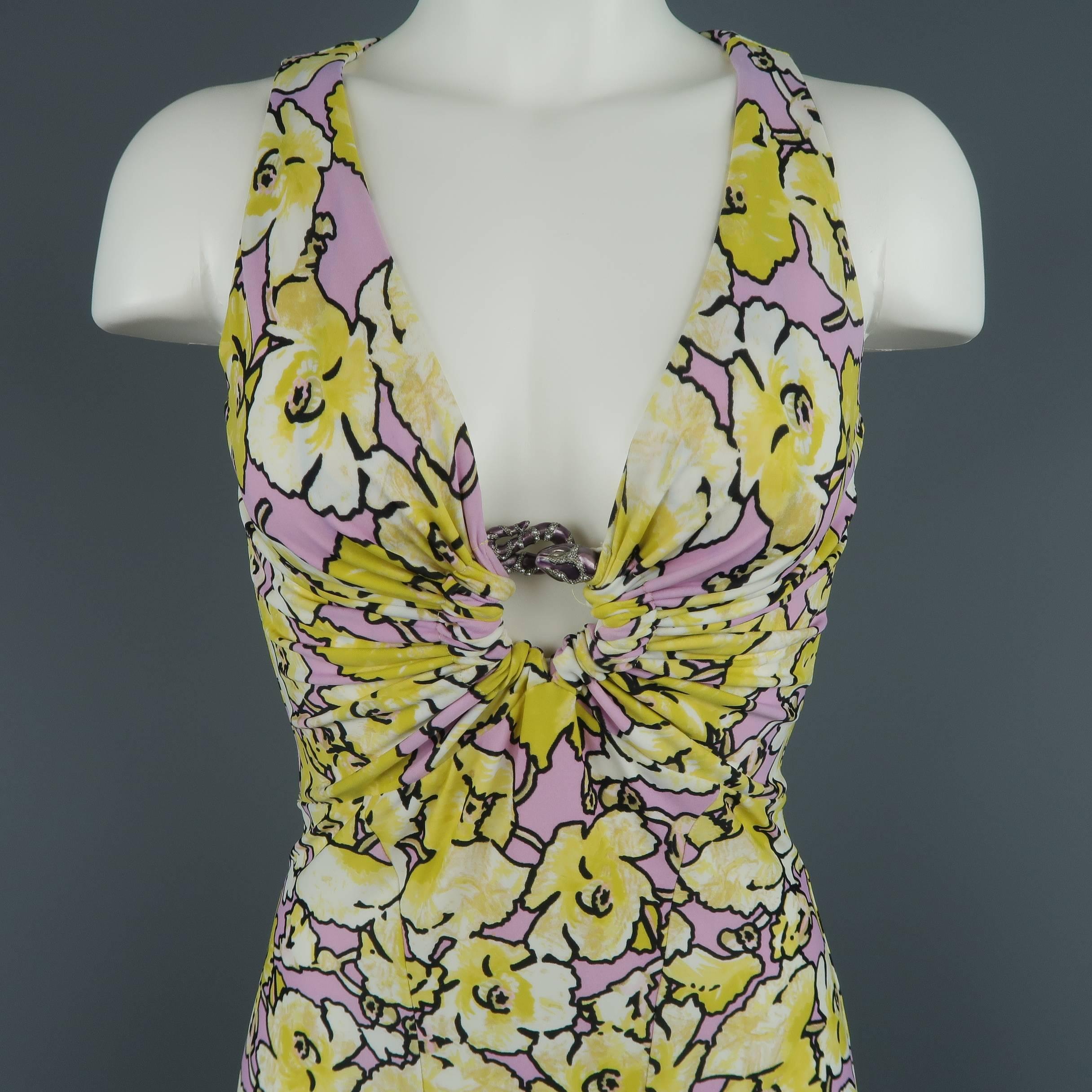 La Robe by ROBERTO CAVALLI dress comes in yellow and lavender floral print stretch jersey with a tiger print striped hem, A line skirt, and gathered bust with metal snake hoop. Made in Italy.

Excellent Pre-Owned Condition.
Marked: IT 42
