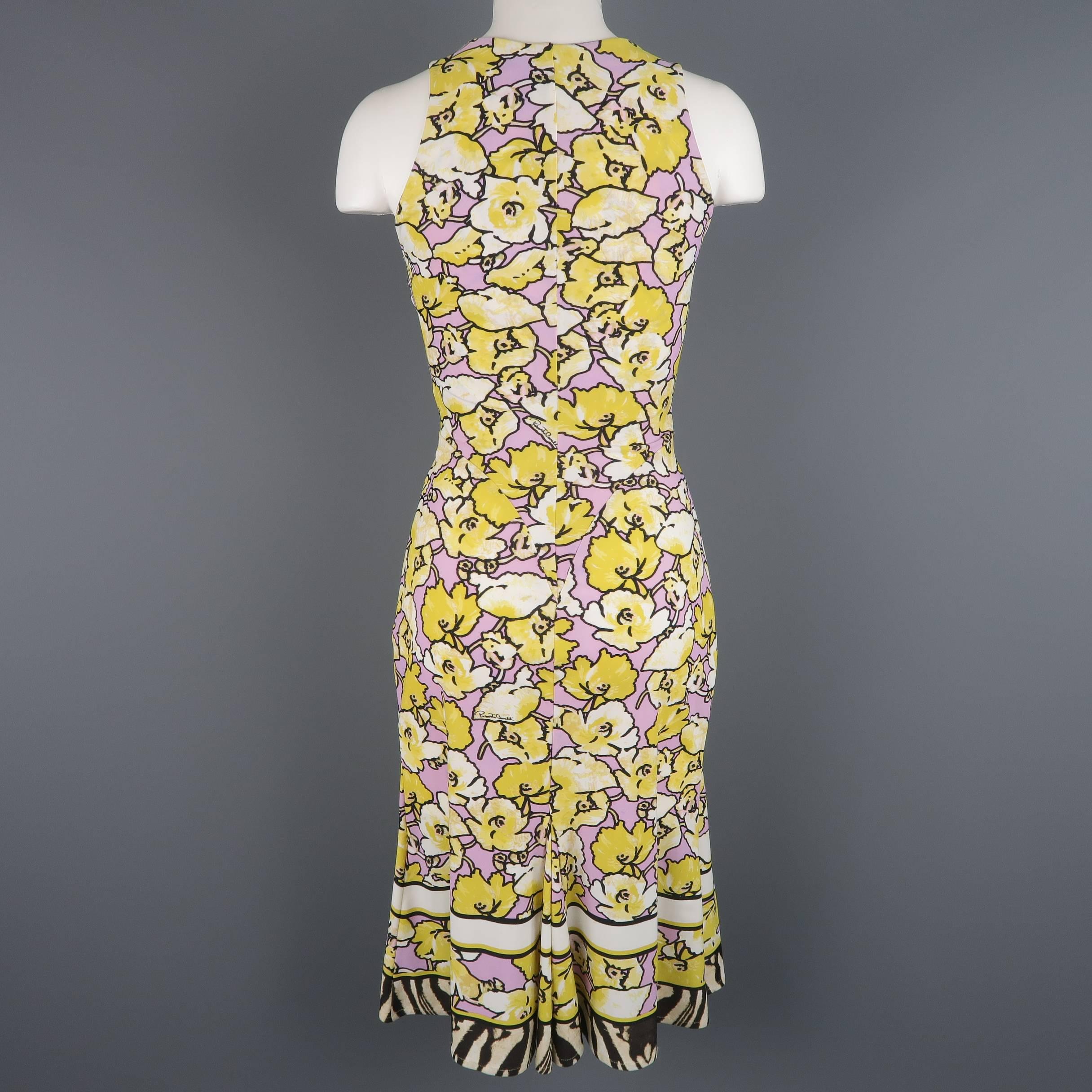 ROBERTO CAVALLI Yellow & Purple Floral Print Snake Hoop Dress 1