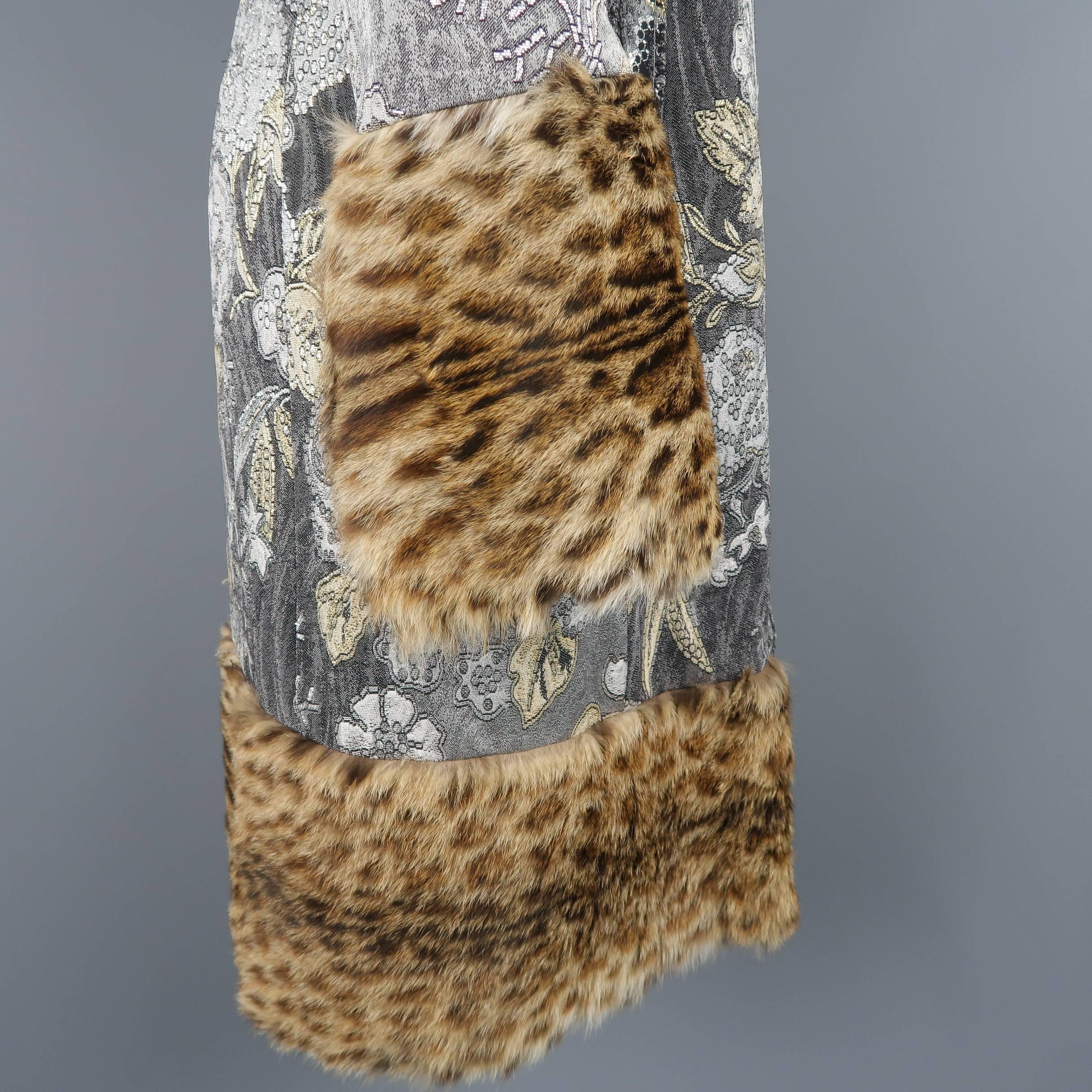 Women's TULEH Size 8 Grey Jacquard Fur Collar Cheetah Trim Lippi Coat