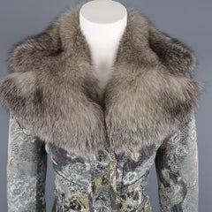 TULEH Size 8 Grey Jacquard Fur Collar Cheetah Trim Lippi Coat