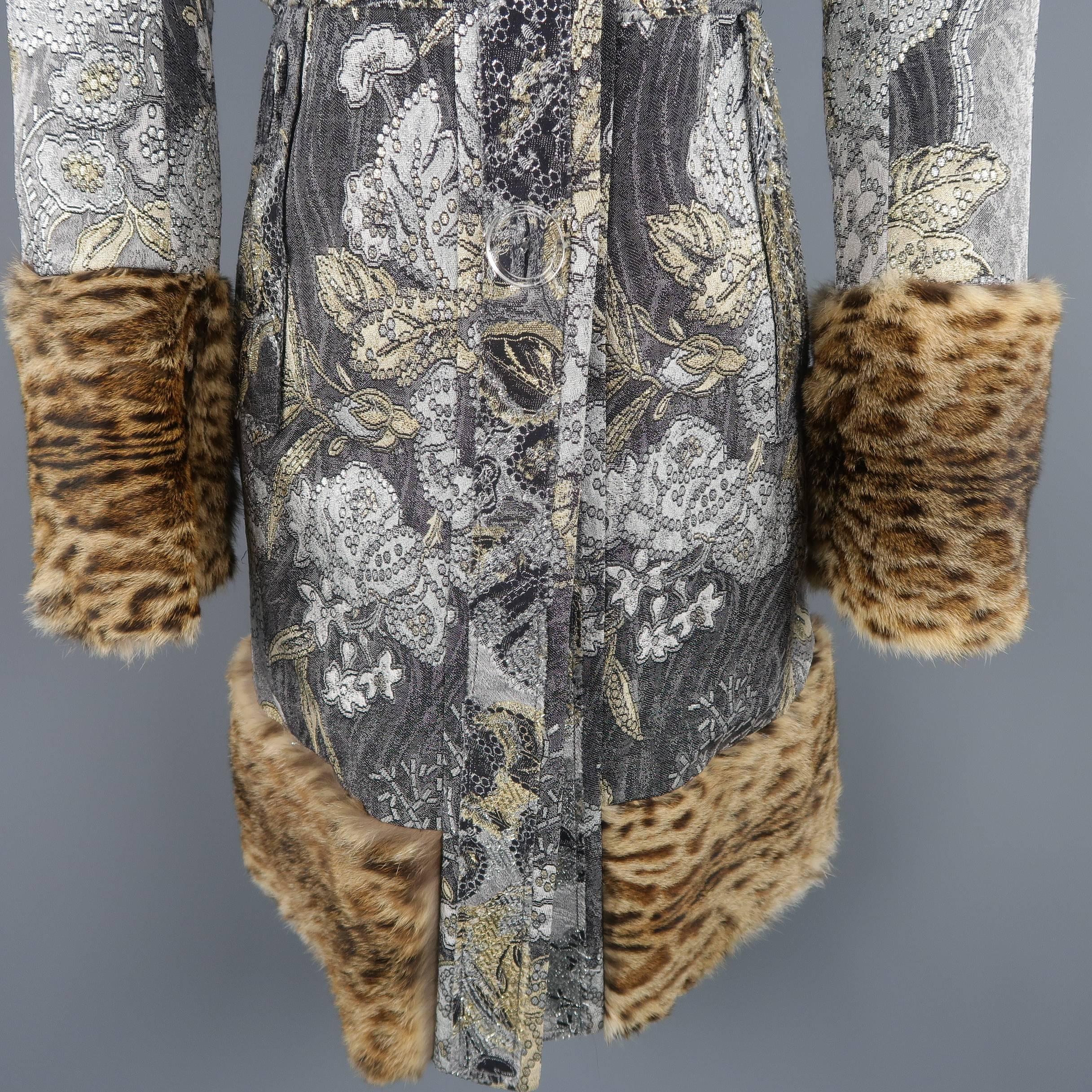 Gray TULEH Size 8 Grey Jacquard Fur Collar Cheetah Trim Lippi Coat