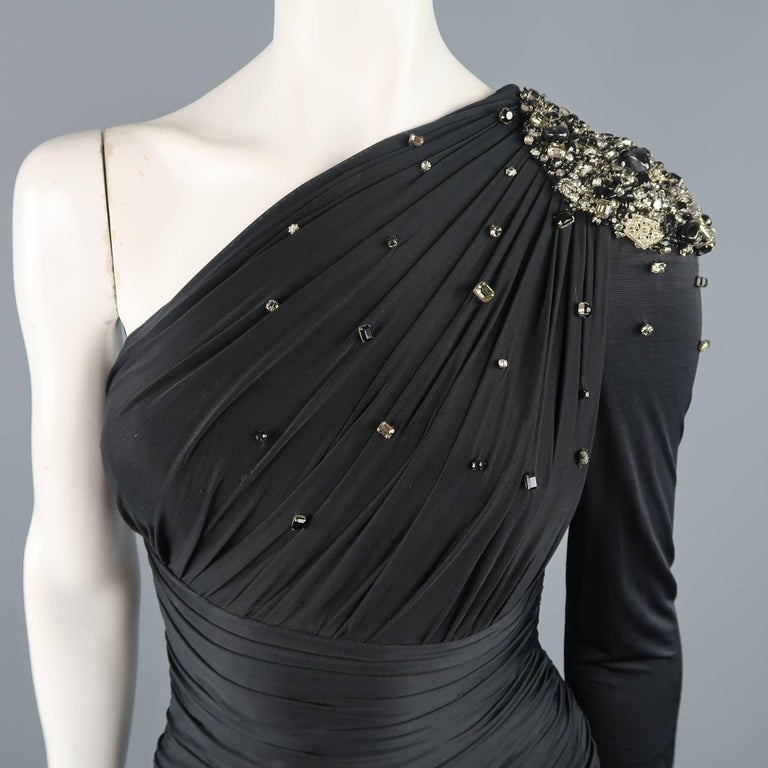 ZUHAIR MURAD Size 2 Black Draped Rhinestone Shoulder One Sleeve