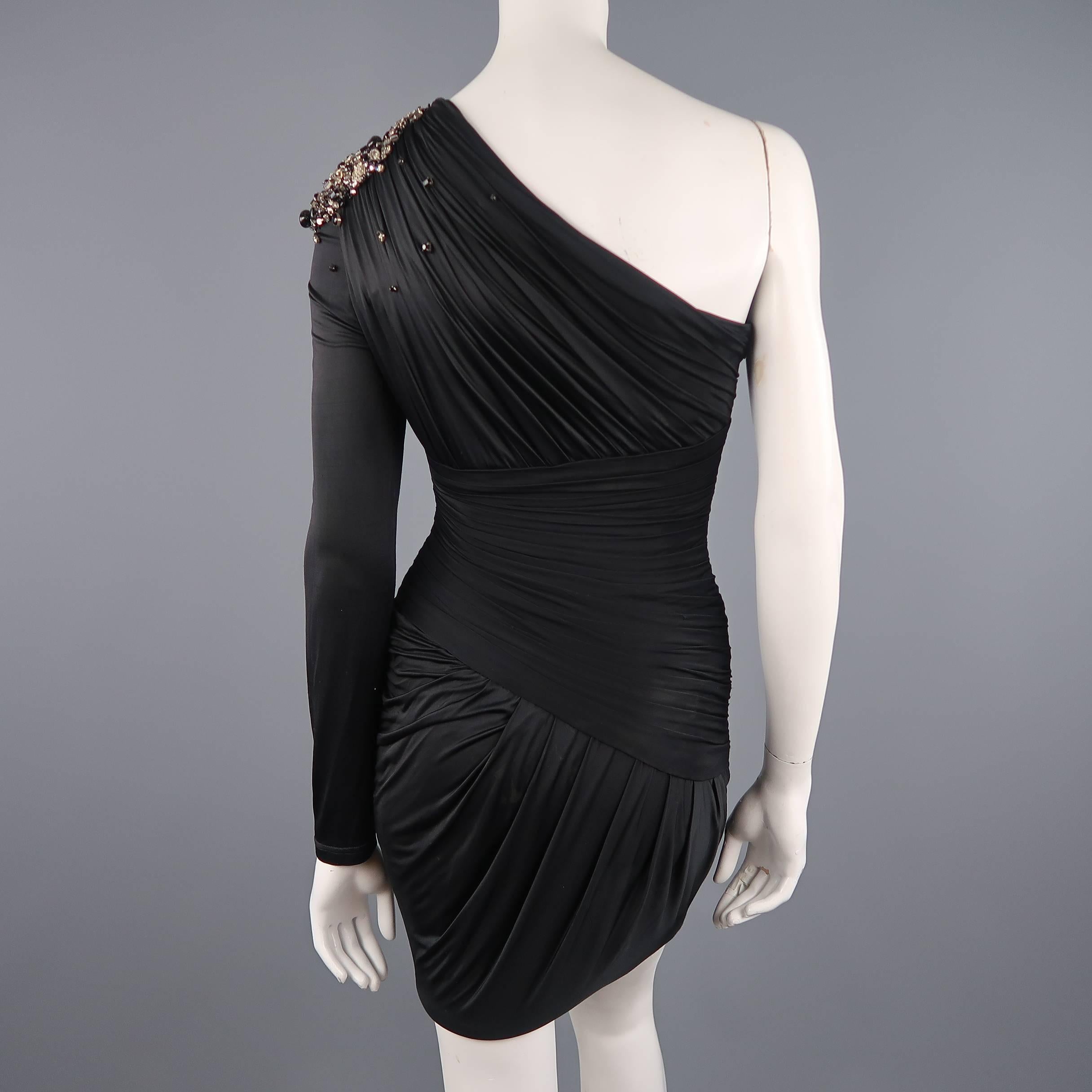 ZUHAIR MURAD Size 2 Black Draped Rhinestone Shoulder One Sleeve Cocktail Dress 2