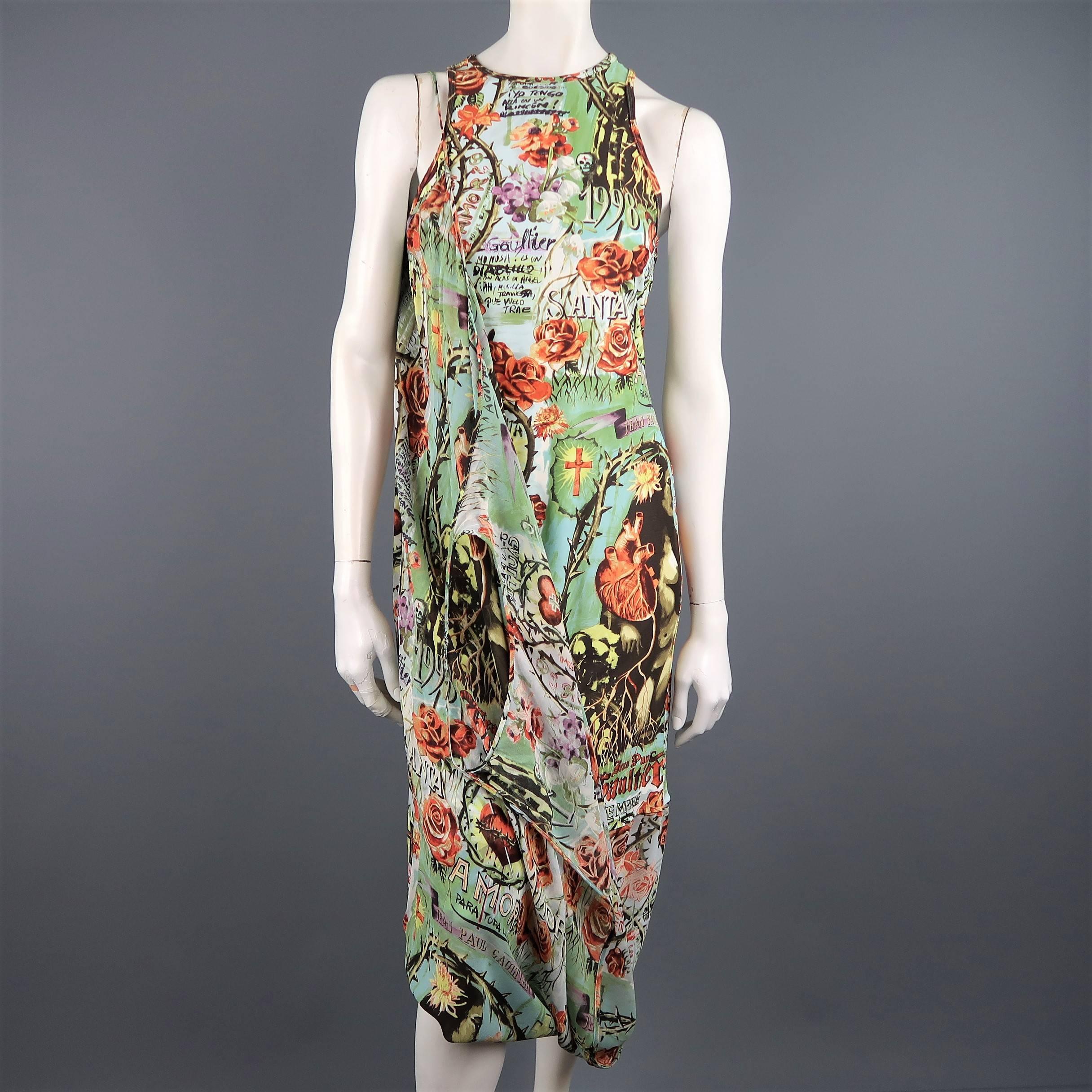 Brown Jean Paul Gaultier Frida Kahlo Print Chiffon Layer Dress, Spring 1998 Runway 