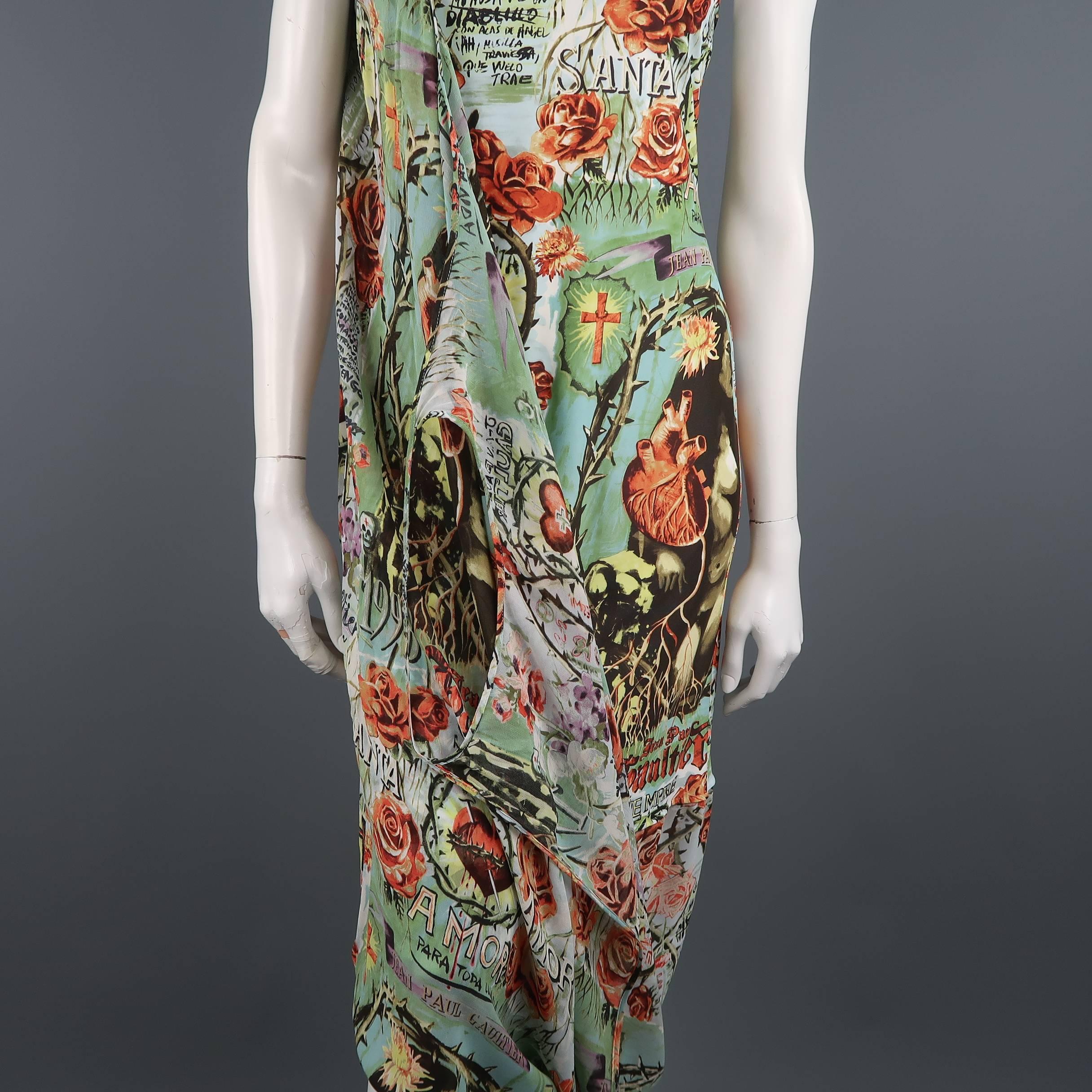 Jean Paul Gaultier Frida Kahlo Print Chiffon Layer Dress, Spring 1998 Runway  In Good Condition In San Francisco, CA