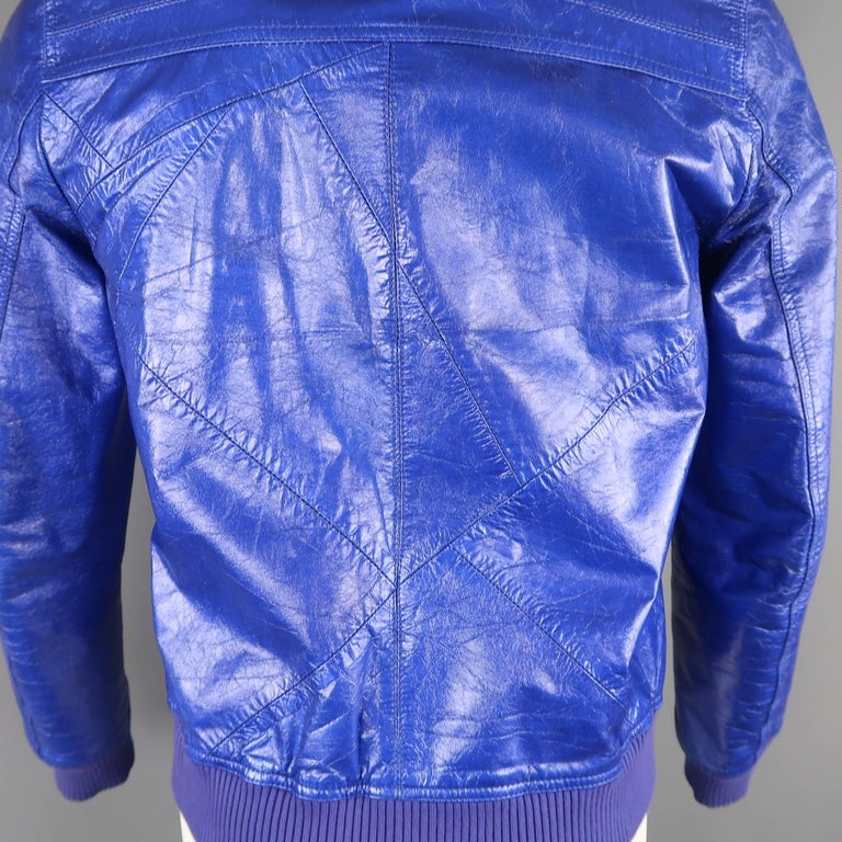 Dior Homme Mens Blue Metallic Leather Bomber Jacket Coat, Spring 2009