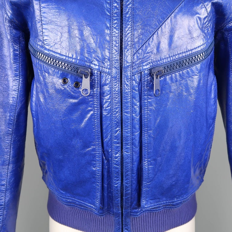 Dior Homme Mens Blue Metallic Leather Bomber Jacket Coat, Spring 2009
